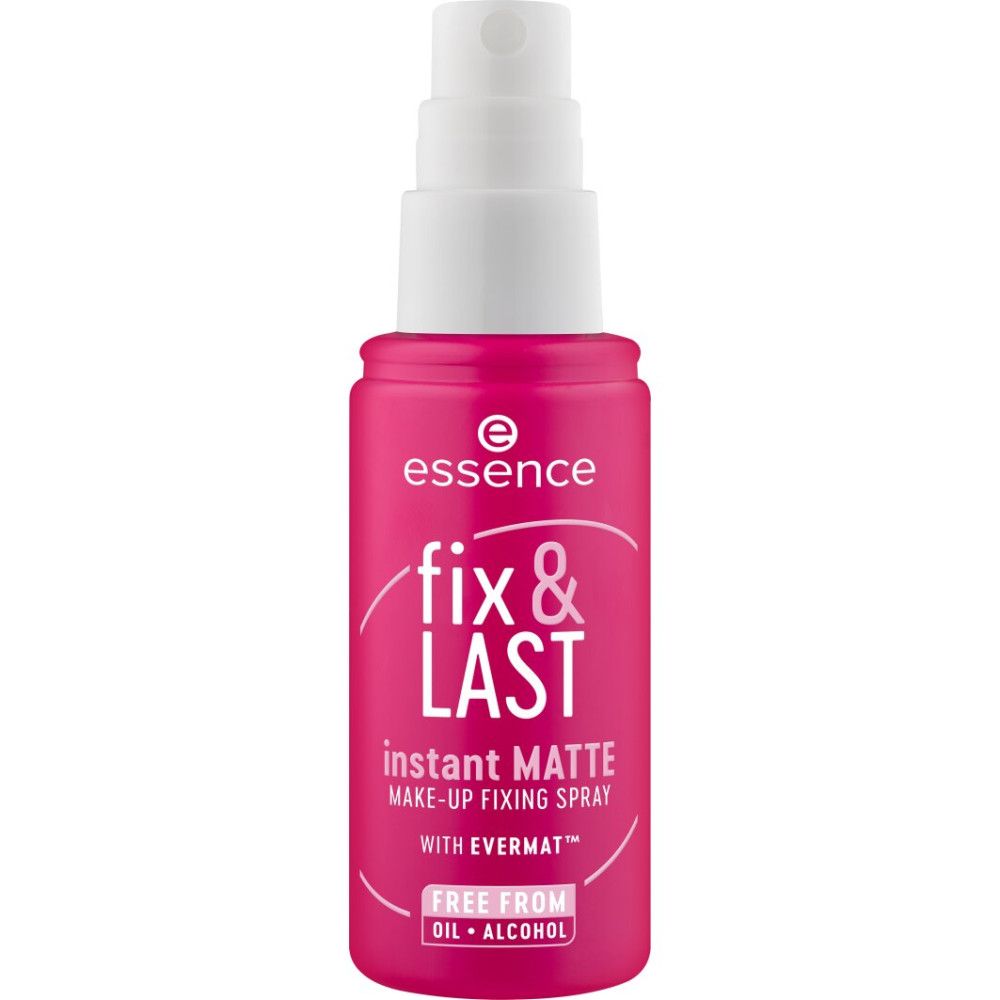 Rosa Make-up Fixierspray-Flasche mit weißem Sprühkopf. Text: Fix & Last, Instant Matte, Make-up Fixing Spray.
