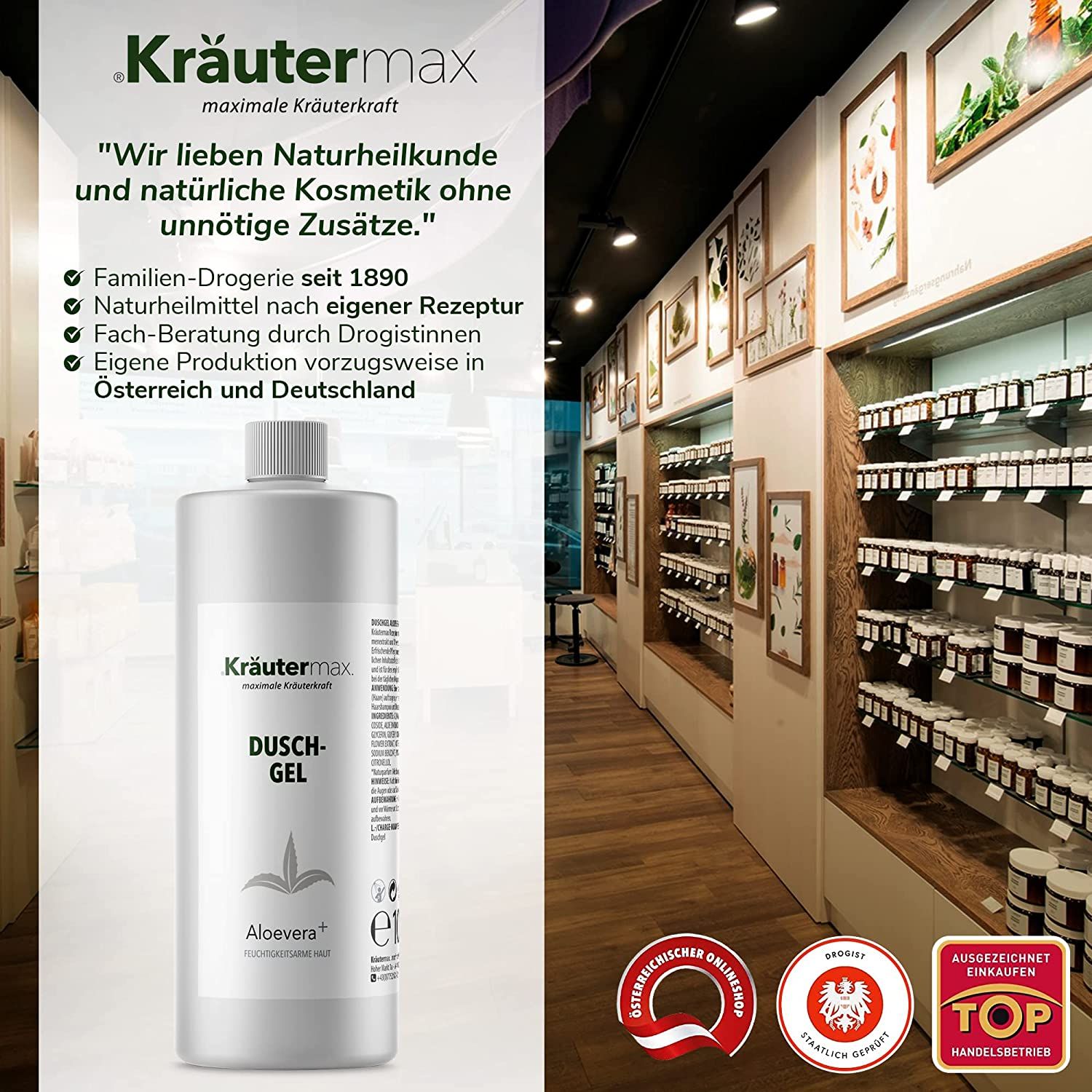 Duschgel-Behältnis im Drogeriemarkt. Kräutermax-Logo und Text: Duschgel Aloevera+. Hintergrund: Regal mit Produkten, Zertifizierungen.