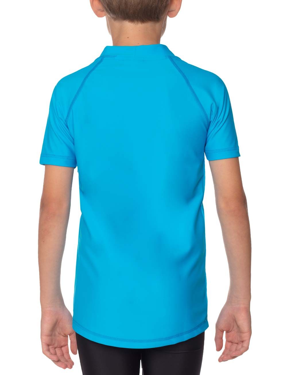 Rückansicht eines Kindes in türkisfarbenem iQ-UV Sonnenschutz Shirt Kids. Kurze Ärmel, hoher Kragen.