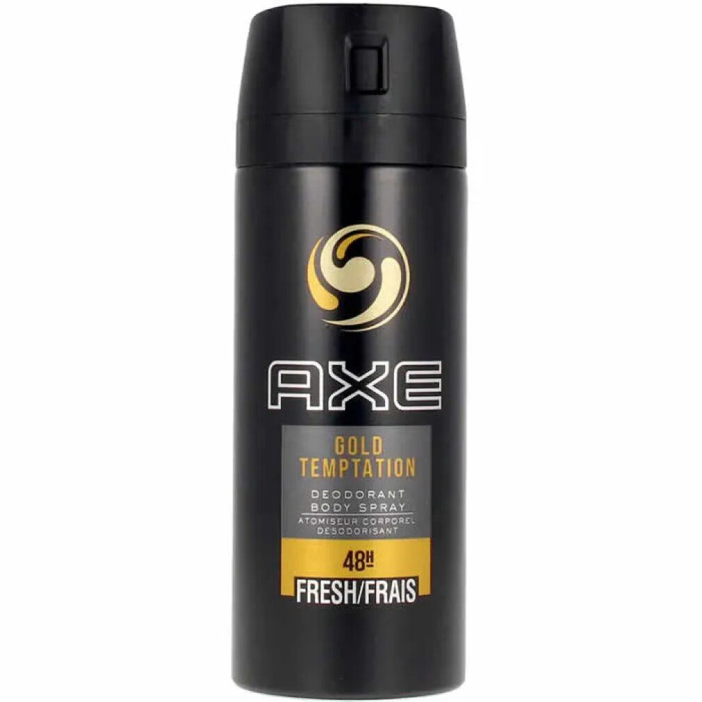 Schwarze Deospray-Dose mit goldenem Logo und Schriftzug. Enthält die Aufschrift "AXE Gold Temptation 48h Fresh/Frais".