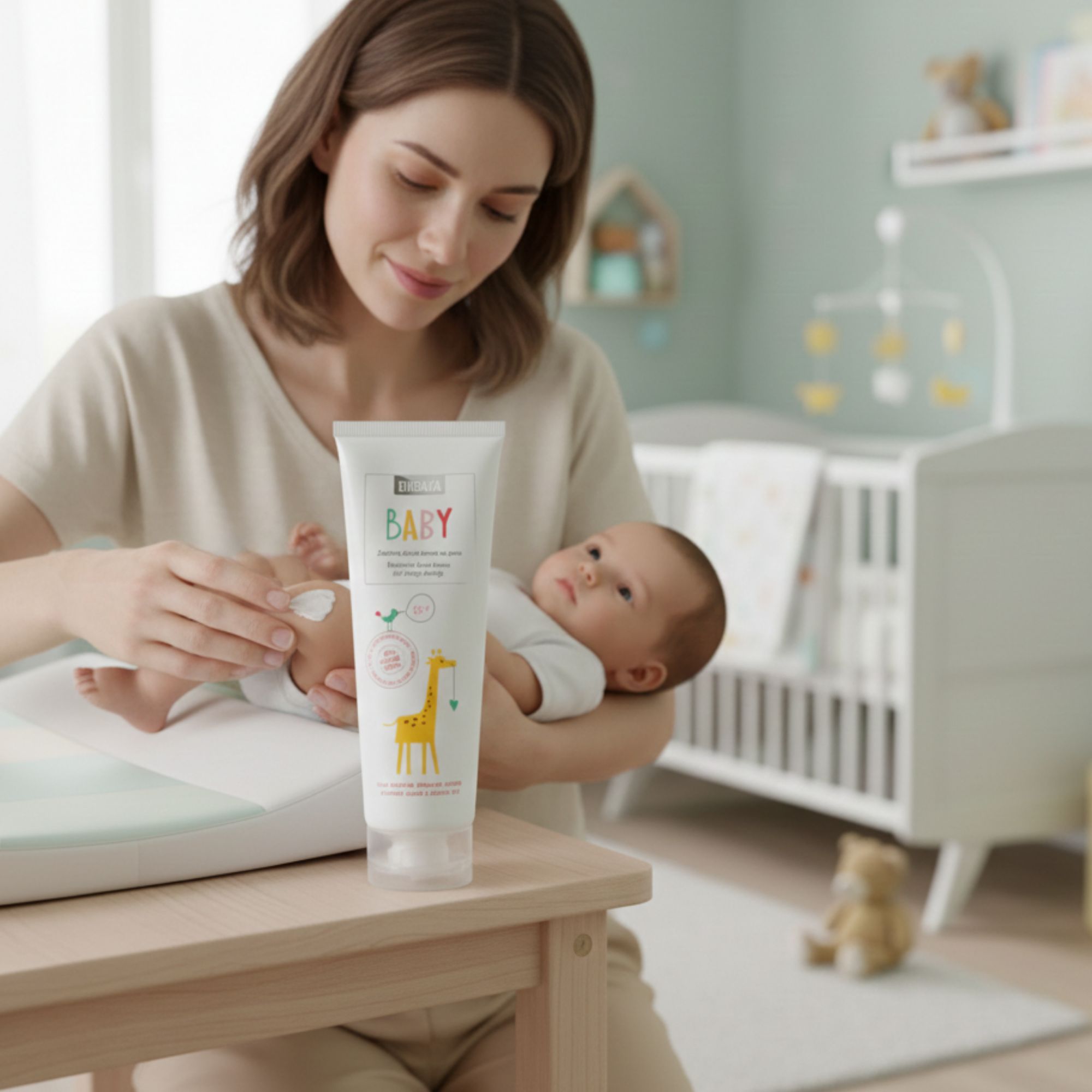 Weiße Tube mit Aufschrift BABY und Giraffen-Illustration. Eine Frau hält ein Baby und trägt die Creme auf. Im Hintergrund ein Kinderbett.