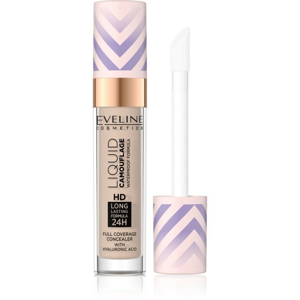 Flüssiger Concealer mit Applikator. Aufschrift: Eveline Cosmetics, Liquid Camouflage, HD, Long Lasting Formula 24H, Full Coverage Concealer.