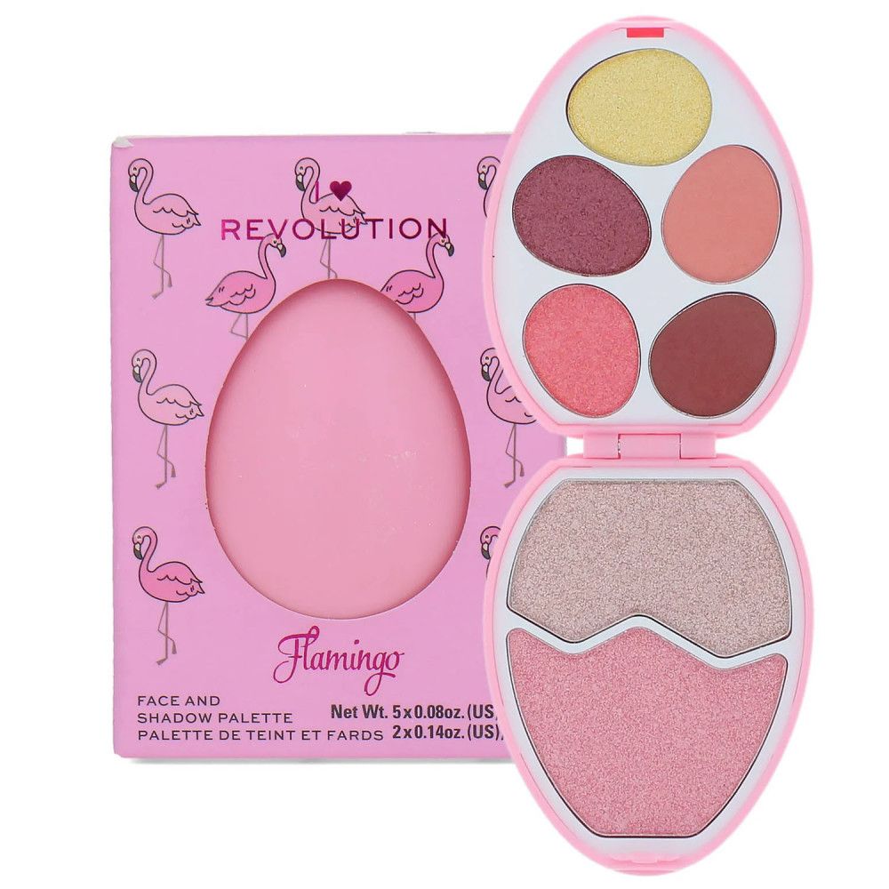 Geöffnete rosa Gesicht- und Lidschattenpalette in Eiform. Enthält verschiedene Farbtöne.