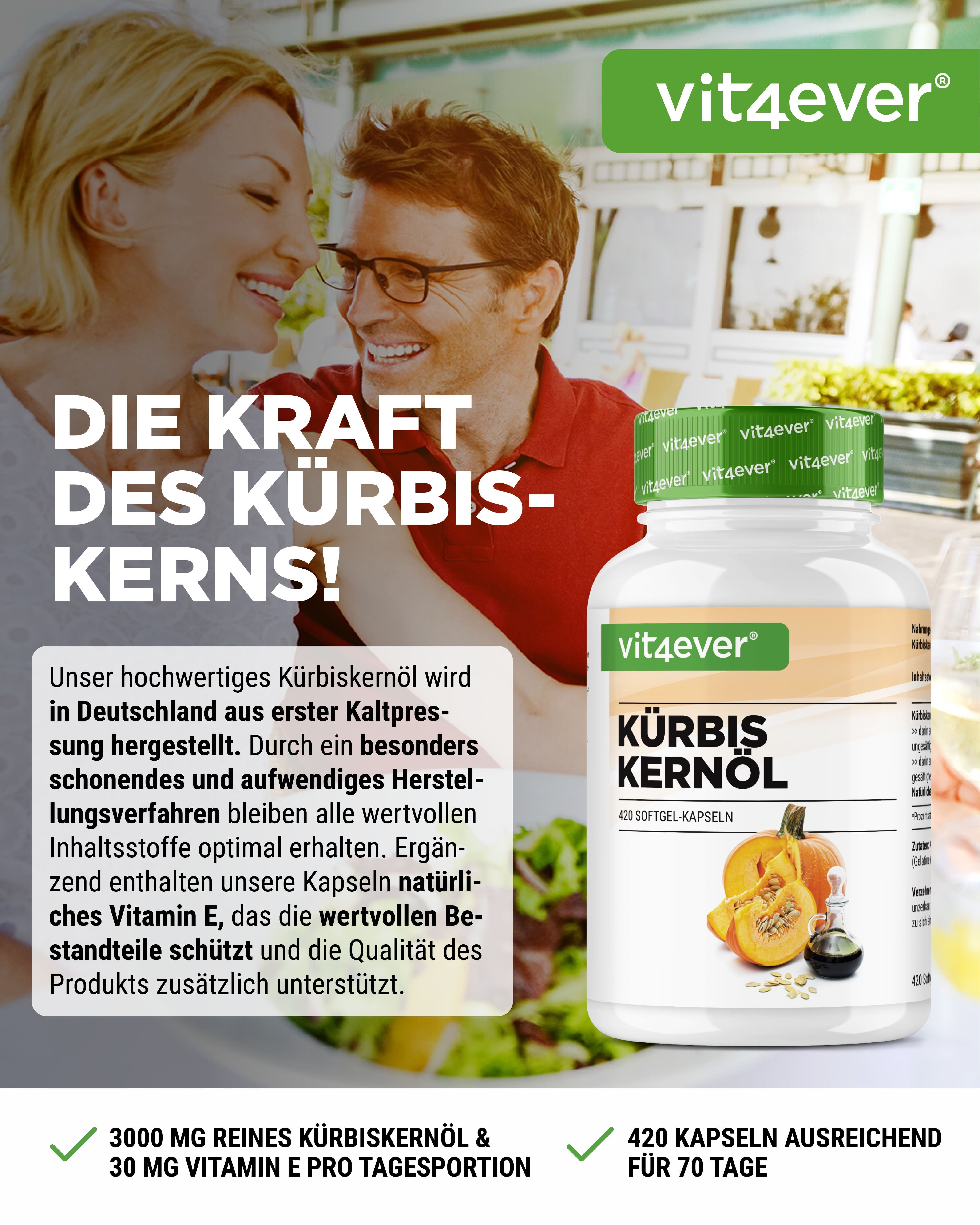 Werbebild mit Flasche Kürbiskernöl. Paar lächelt. Text: Die Kraft des Kürbiskerns! 420 Kapseln für 70 Tage.