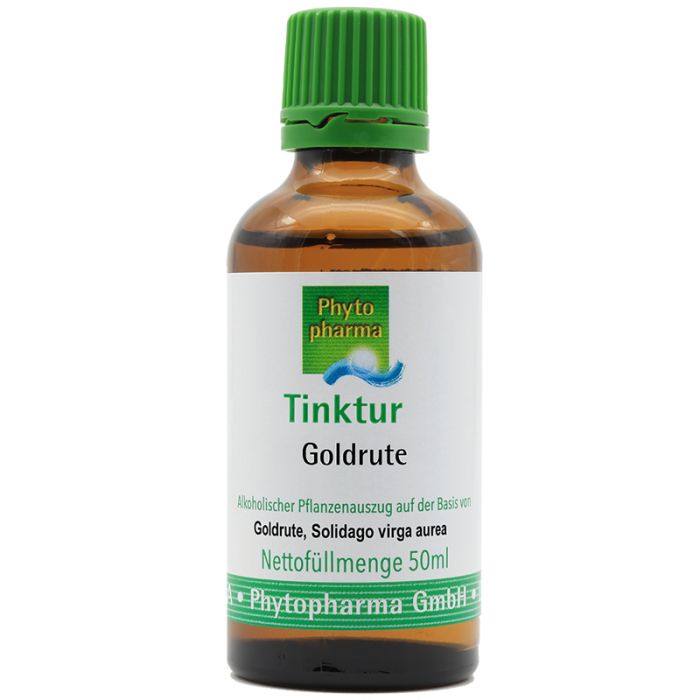 Braune Glasflasche mit grünem Verschluss. Etikett mit Produktnamen und Marke: Phyto pharma Tinktur Goldrute. Nettofüllmenge 50ml.