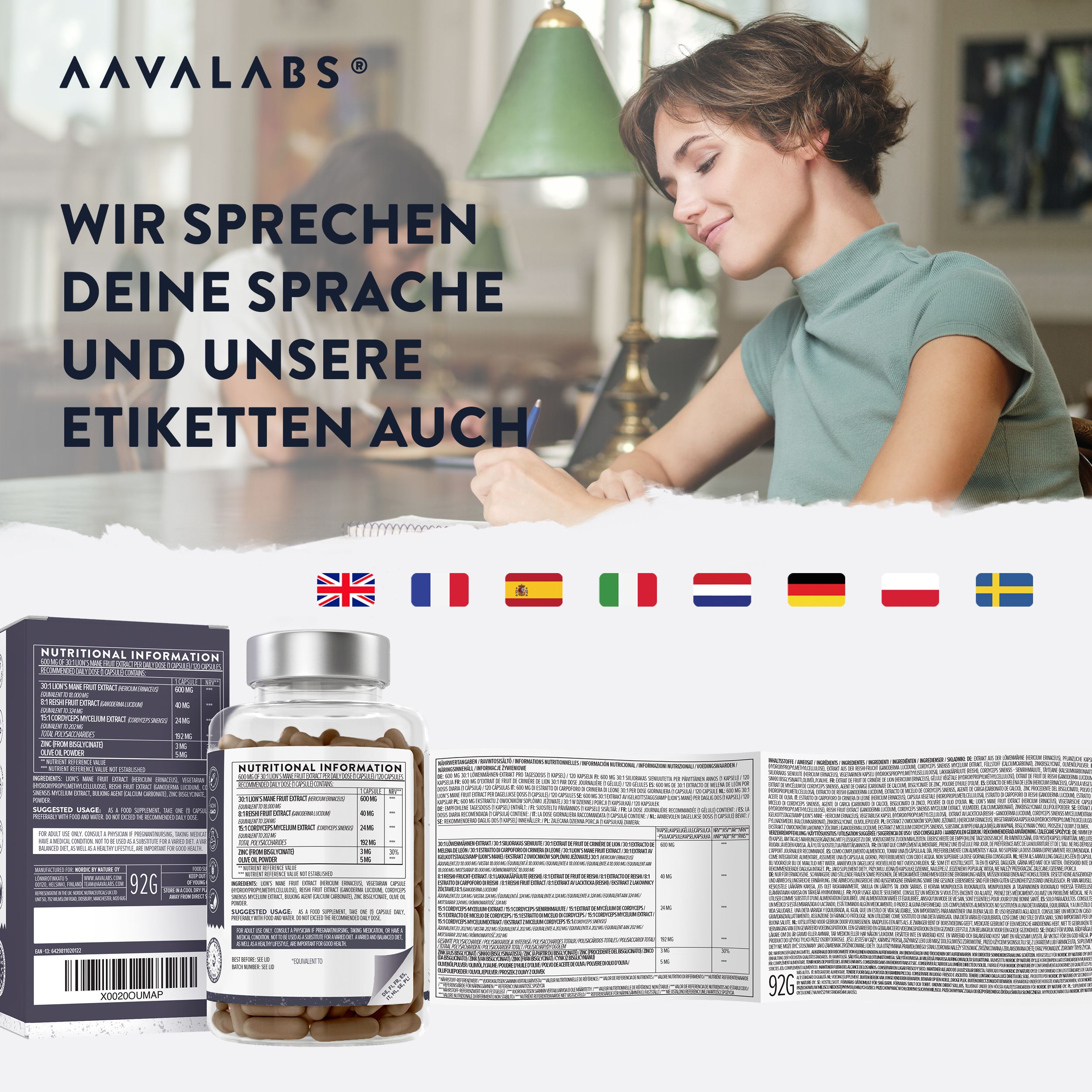Produkt mit Illustrationen und Text. Enthält Informationen über Inhaltsstoffe und Vorteile. Marke: AAVALABS.