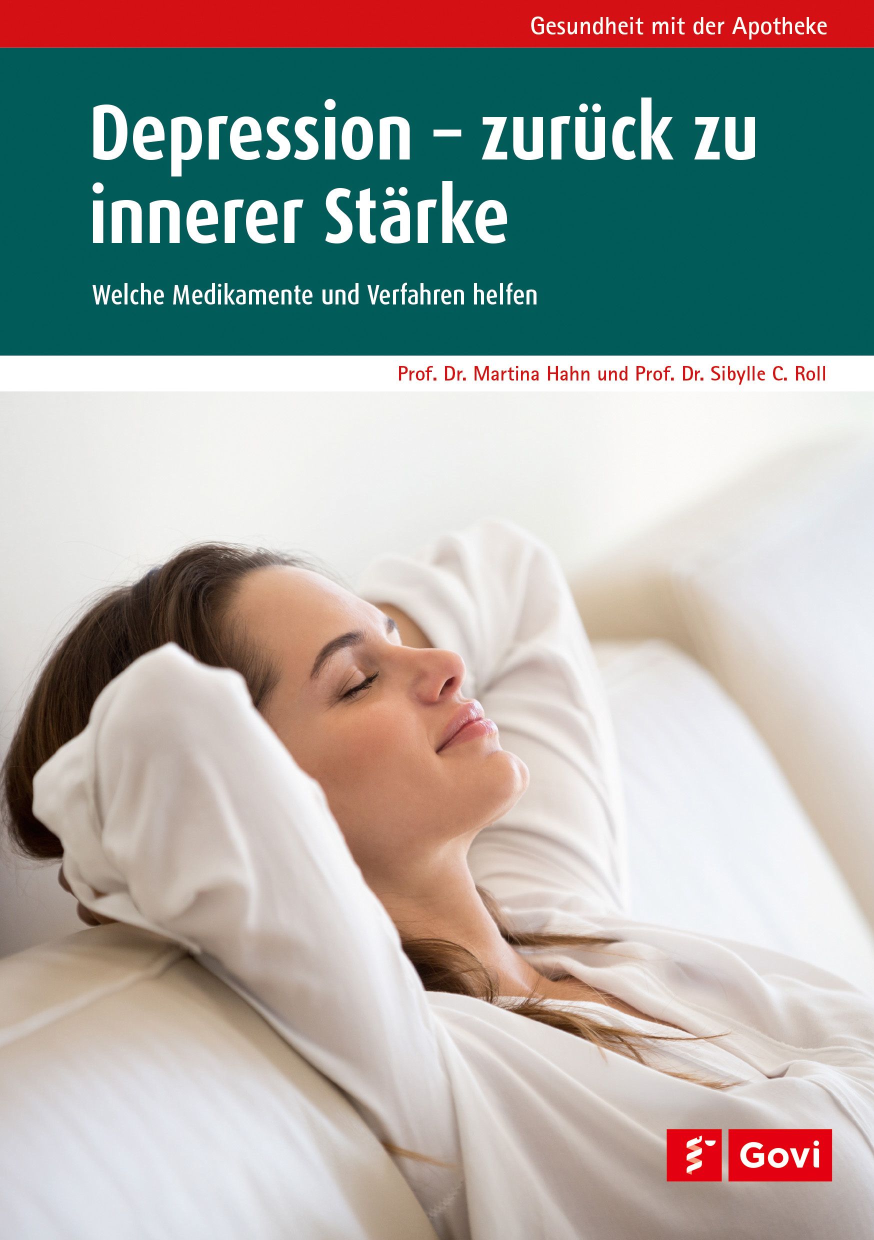 Buchcover: Depression - zurück zu innerer Stärke. Frau entspannt auf Couch. Titel, Autoren, Apotheken-Logo.