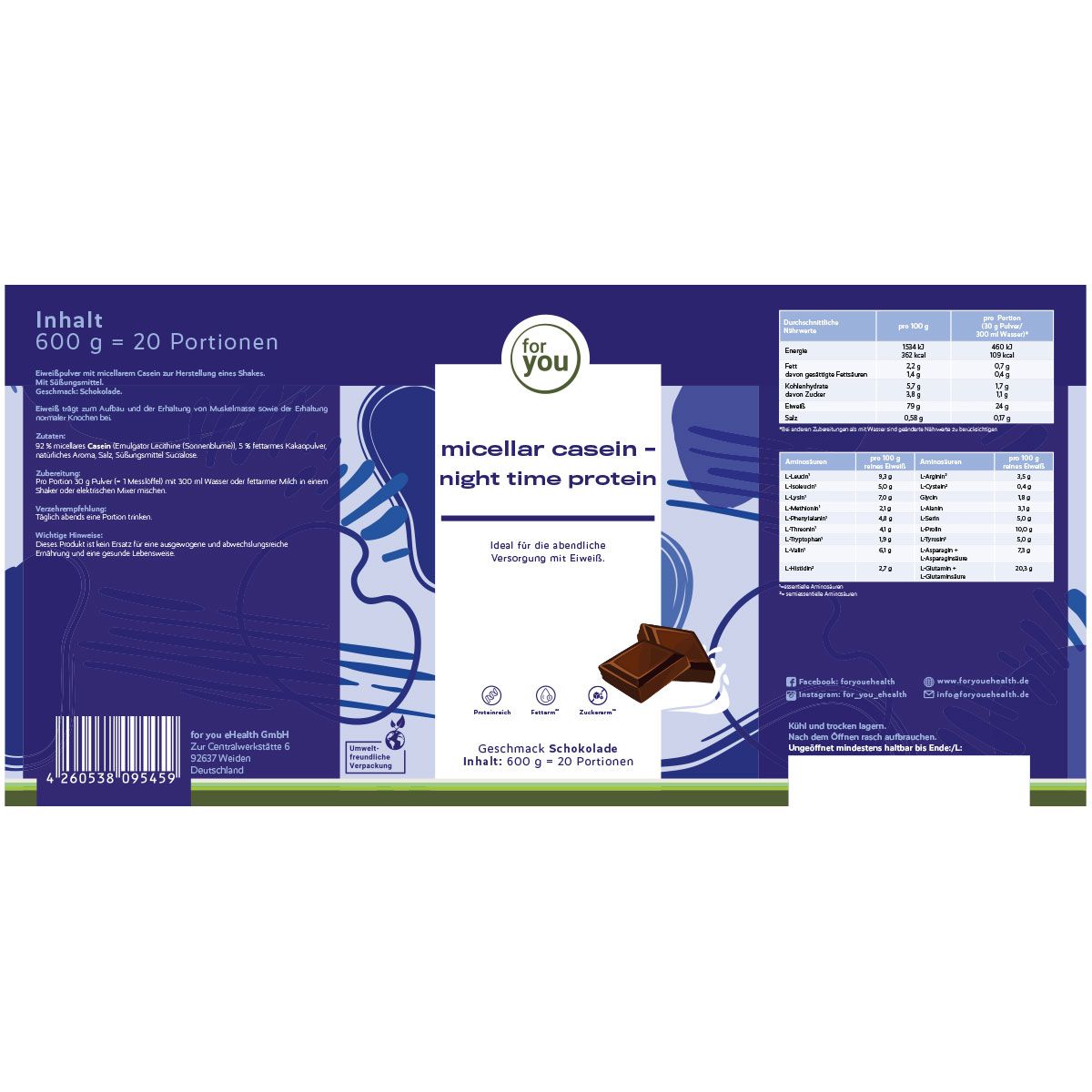 Verpackung "for you" Micellar Casein Night Time Protein. Schokoladen-Geschmack. Nährwertangaben. Zwei Schokoladenstücke.