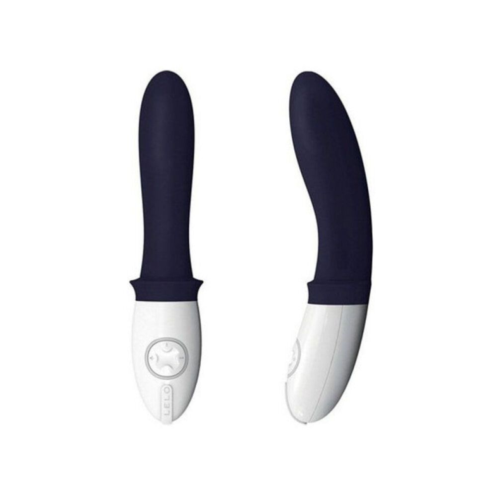 Zwei Vibratoren nebeneinander. Blau-weiße Farbe, gebogene Form. LELO-Logo.