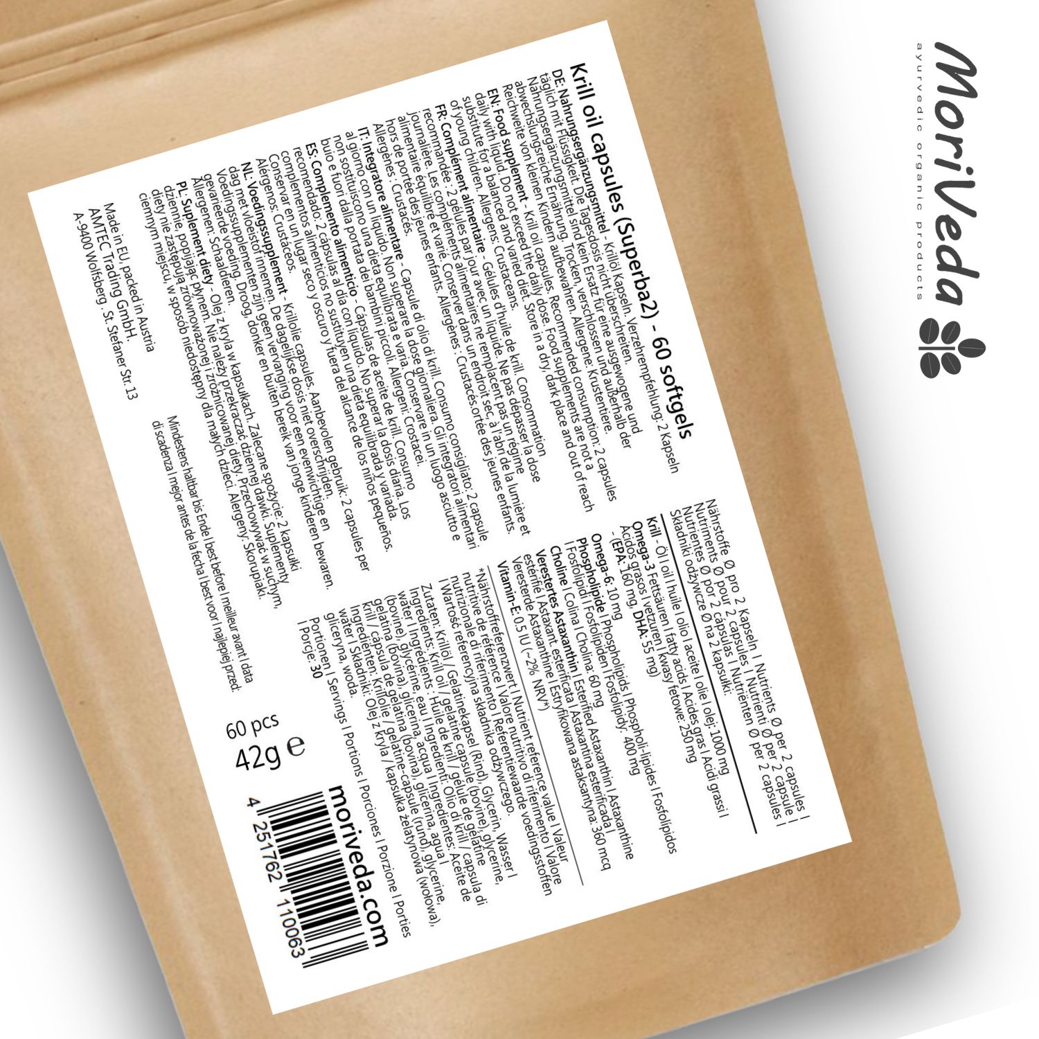 Moriveda SUPERBA Krillöl Softgels, Omega -3-6, Astaxanthin, Cholin