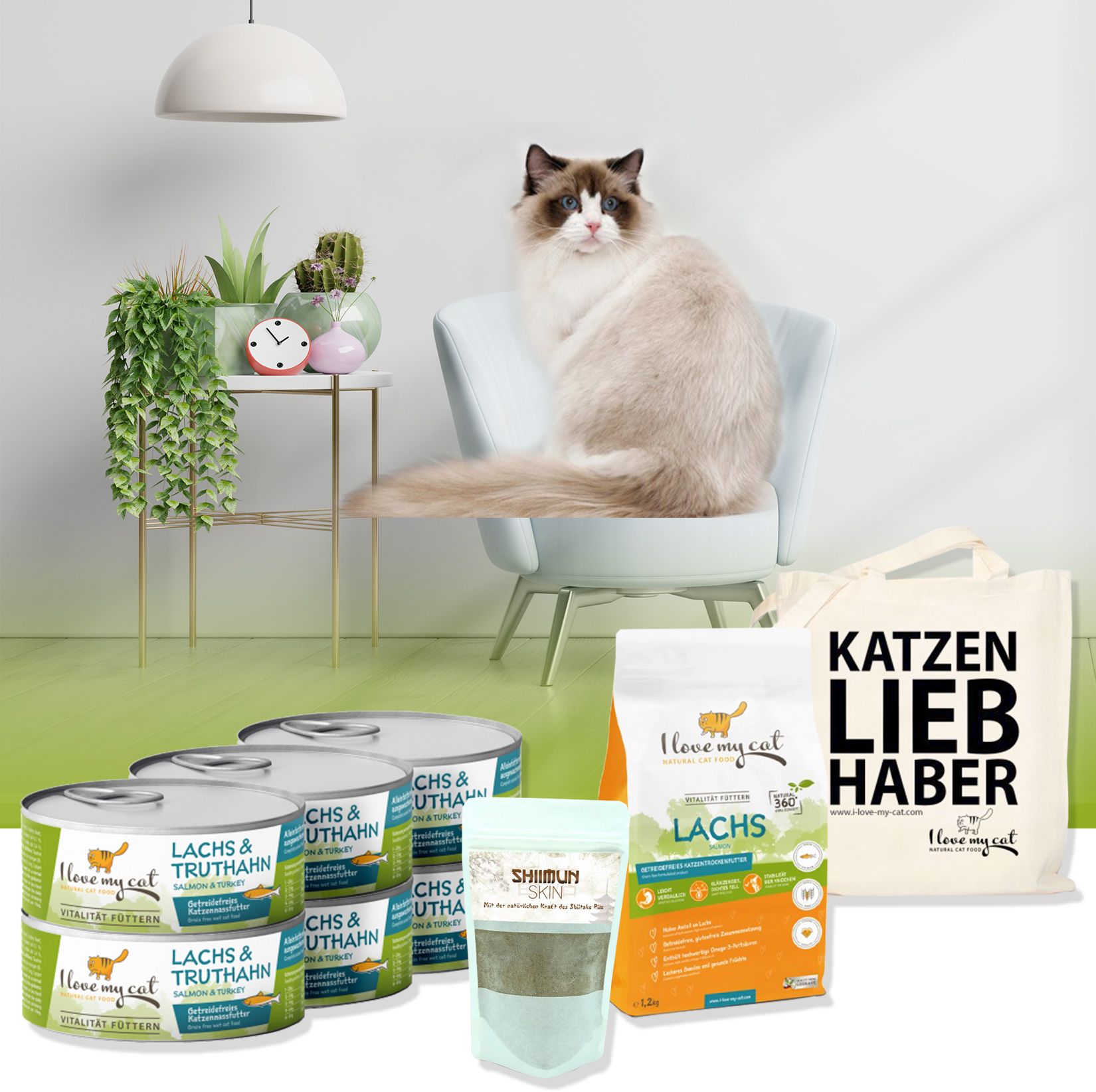 I love my cat Sparset für Ragdoll Nass- und Trockenfutter mit Lachs Truthahn Nahrungsergänzung 1,95 kg Set