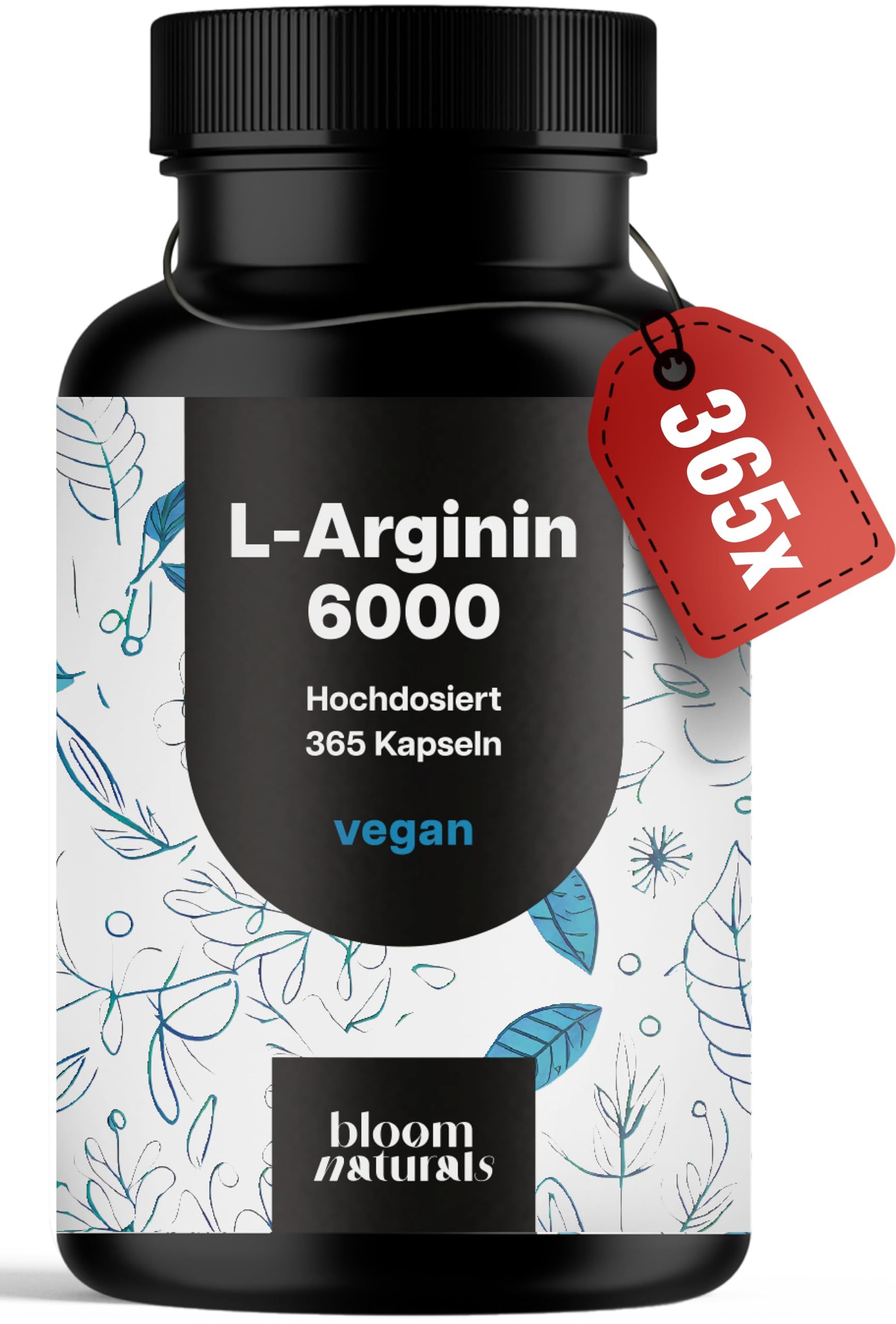 L-Arginin Hochdosiert - 365 Kapseln 6000 mg pflanzliches L Arginin HCl pro Tag Bloom Naturals® 388 g