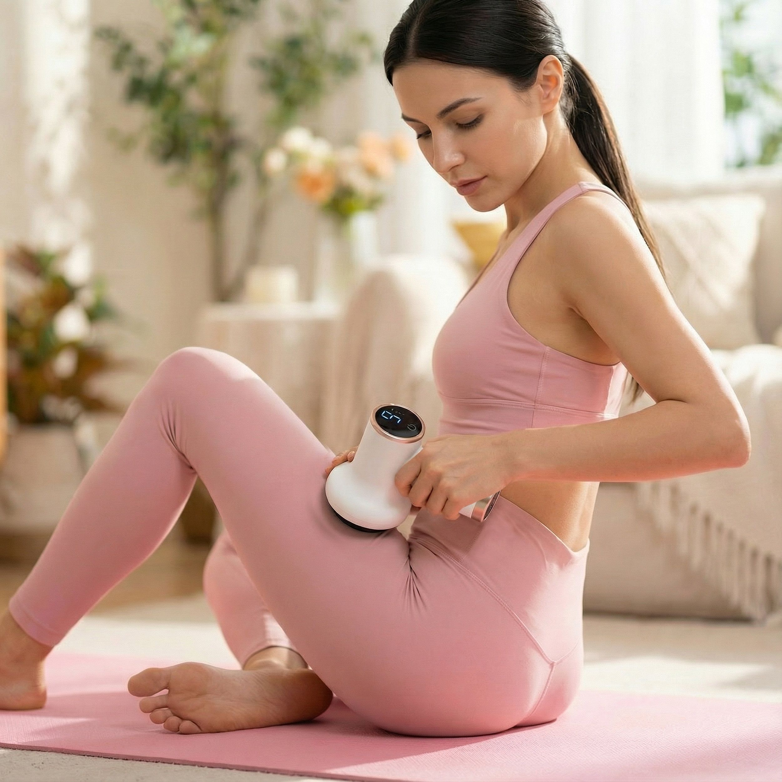 Frau sitzt und massiert Oberschenkel mit weißem Massagegerät. Rosa Leggings. In Innenraum.