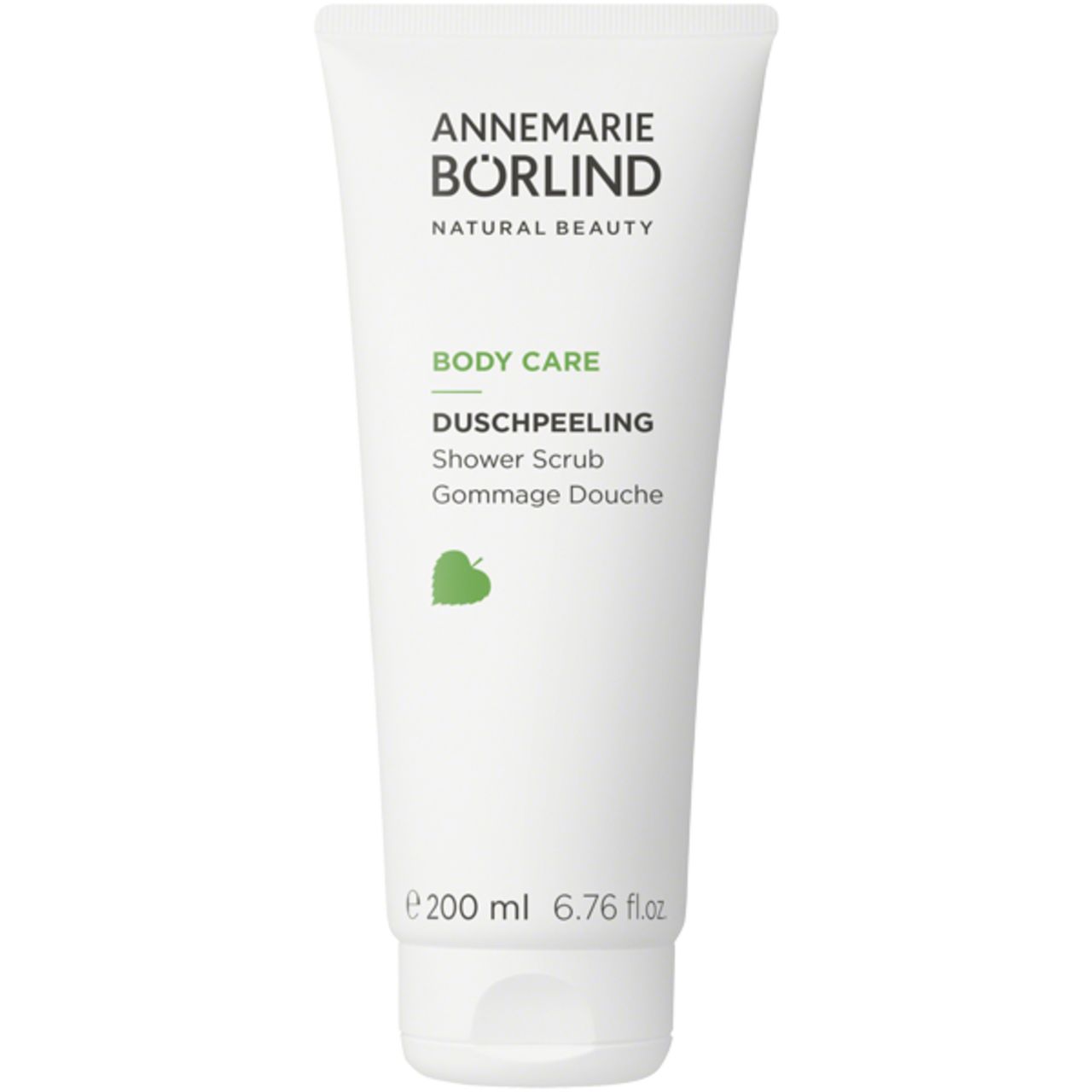 Weiße Tube mit grünem Aufdruck. Enthält Duschpeeling. Marke: ANNEMARIE BÖRLIND. 200 ml.