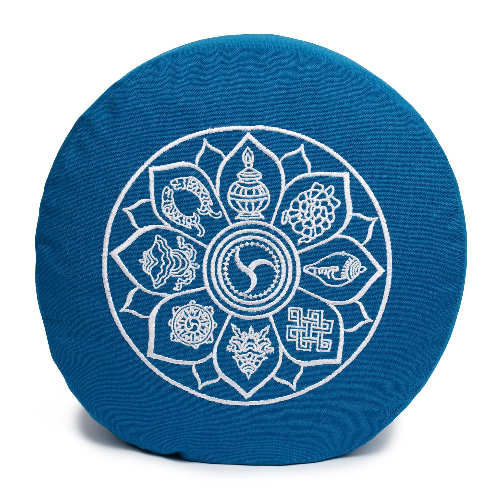 Blaues Meditationskissen mit zentralem weißem Aufdruck von acht Glückssymbolen.