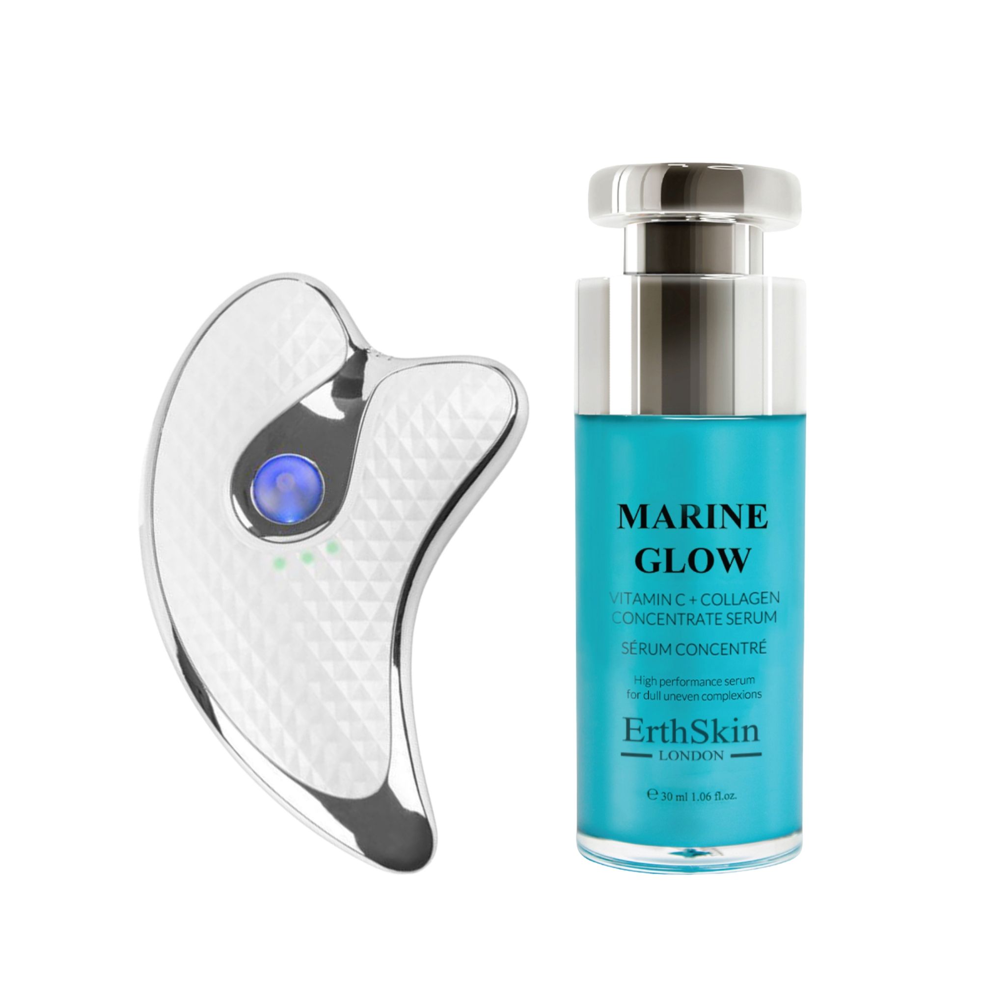 Silbernes Massagegerät mit blauem Knopf und eine Flasche blaues Serum mit der Aufschrift 'Marine Glow'.
