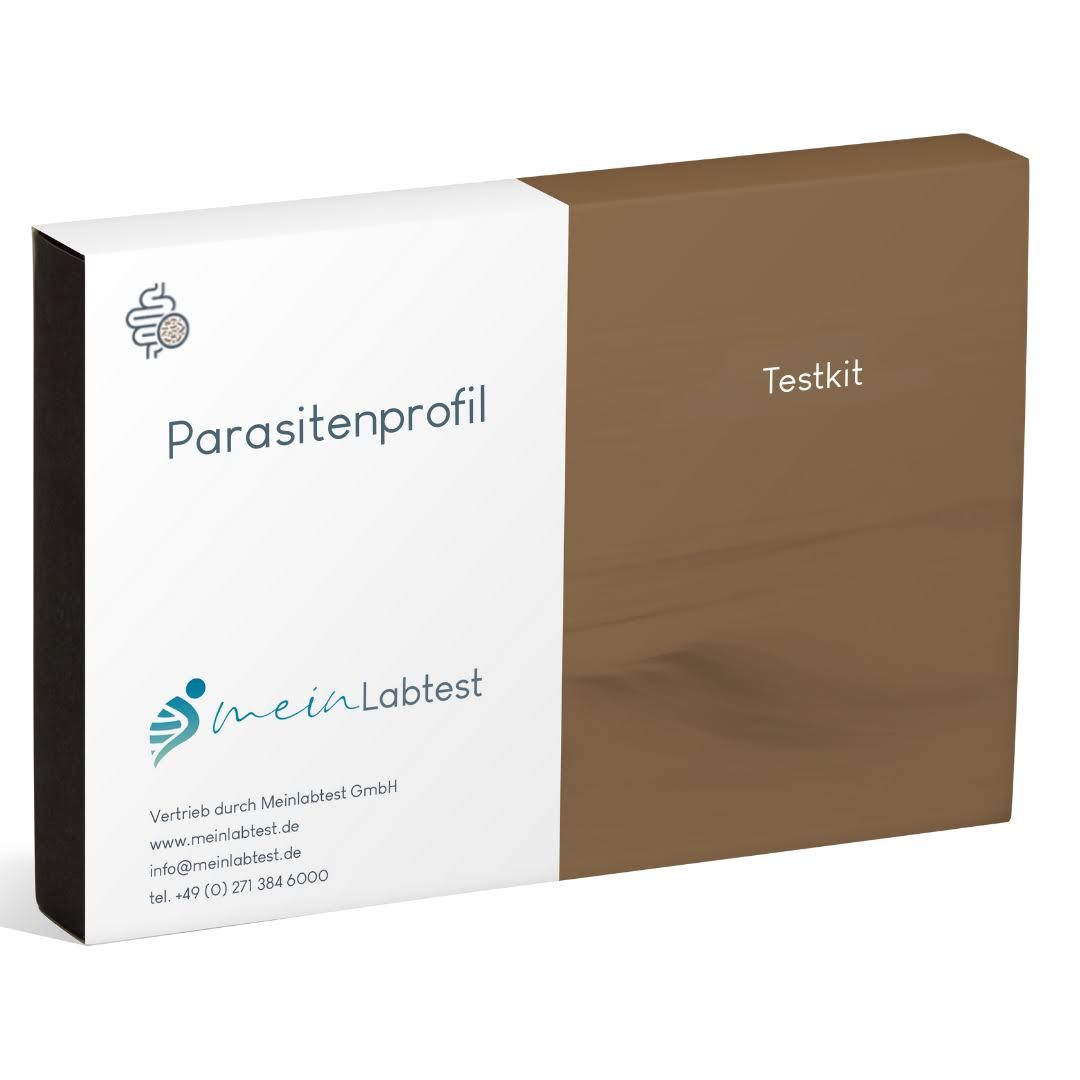 Schachtel mit "Parasitenprofil" und "Testkit" Aufschrift. Logo von meinLabtest. Zweifarbige Verpackung, weiß und braun.