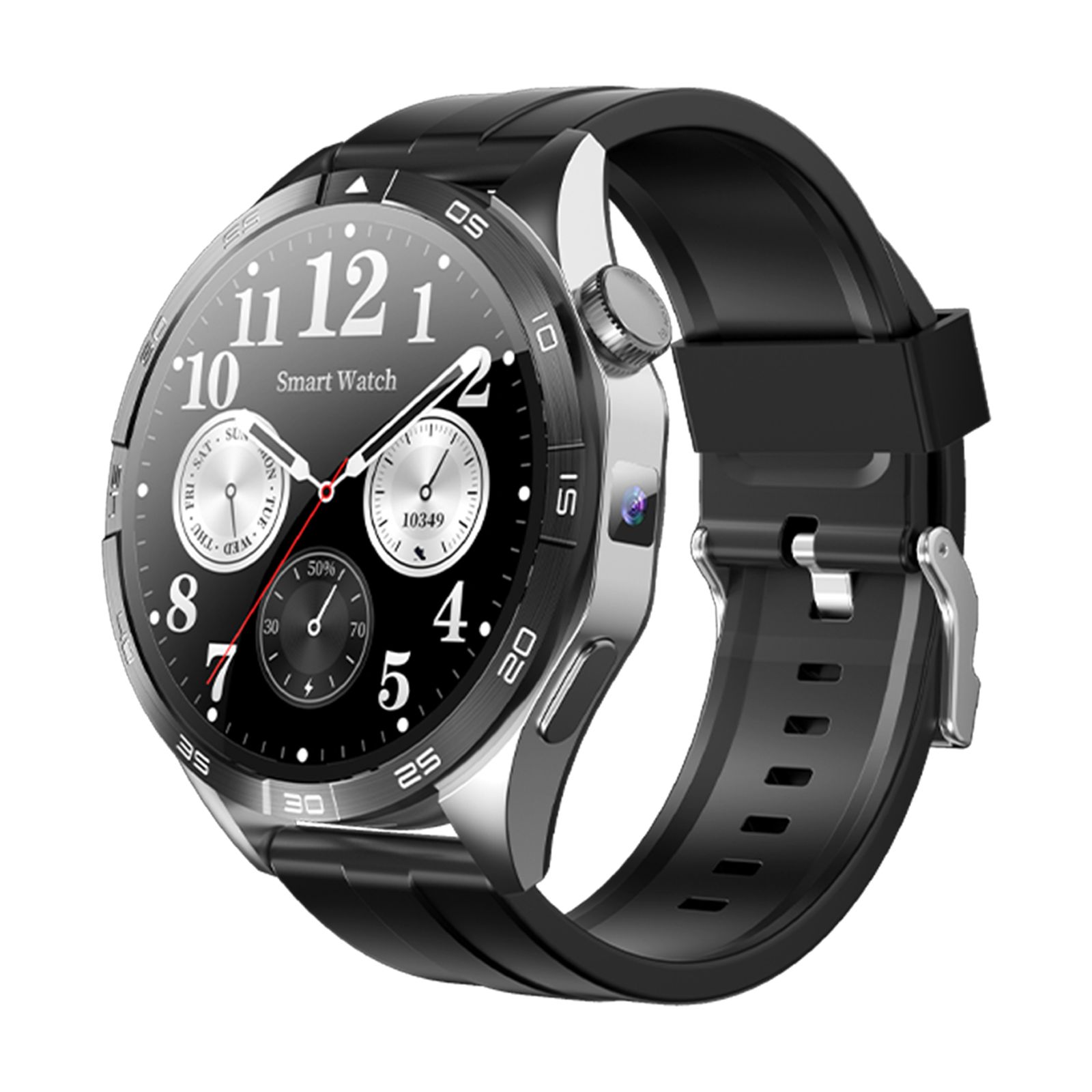 Smartwatch mit schwarzem Armband und silbernem Gehäuse. Zifferblatt mit Zahlen, Zeigern und kleinen Anzeigen. Seitliche Knöpfe.