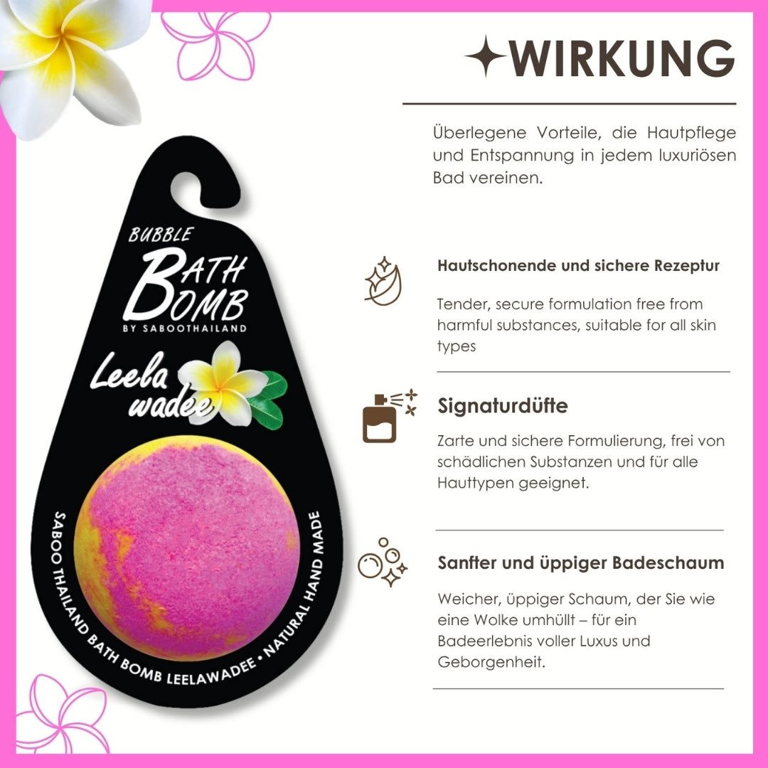 Infografik mit Text und Icons. Beschreibt Vorteile der Badebombe: Hautpflege, sichere Rezeptur, Düfte, üppiger Schaum.