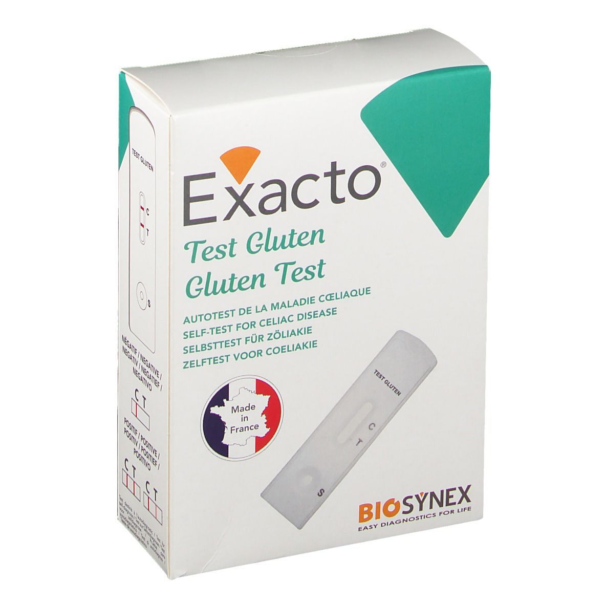 Exacto® Gluten Test-Verpackung. Weißer Karton mit Produktnamen und Teststreifen. Biosynex-Logo und französisches Herstellungslogo.
