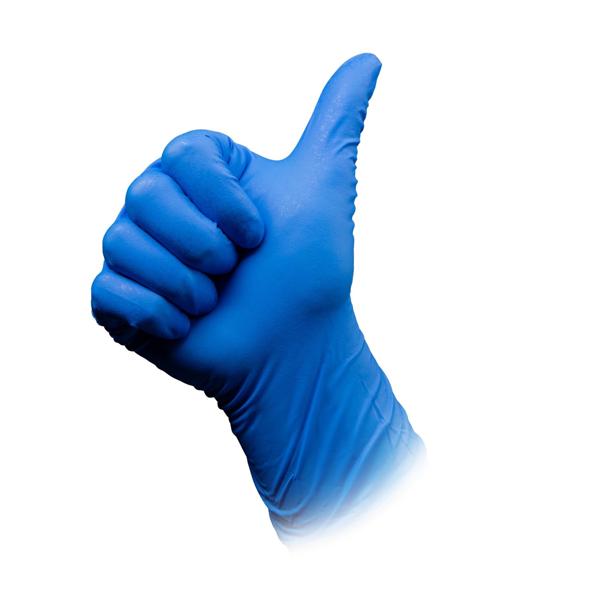 Eine blaue Nitrilhandschuh-Hand zeigt Daumen hoch.