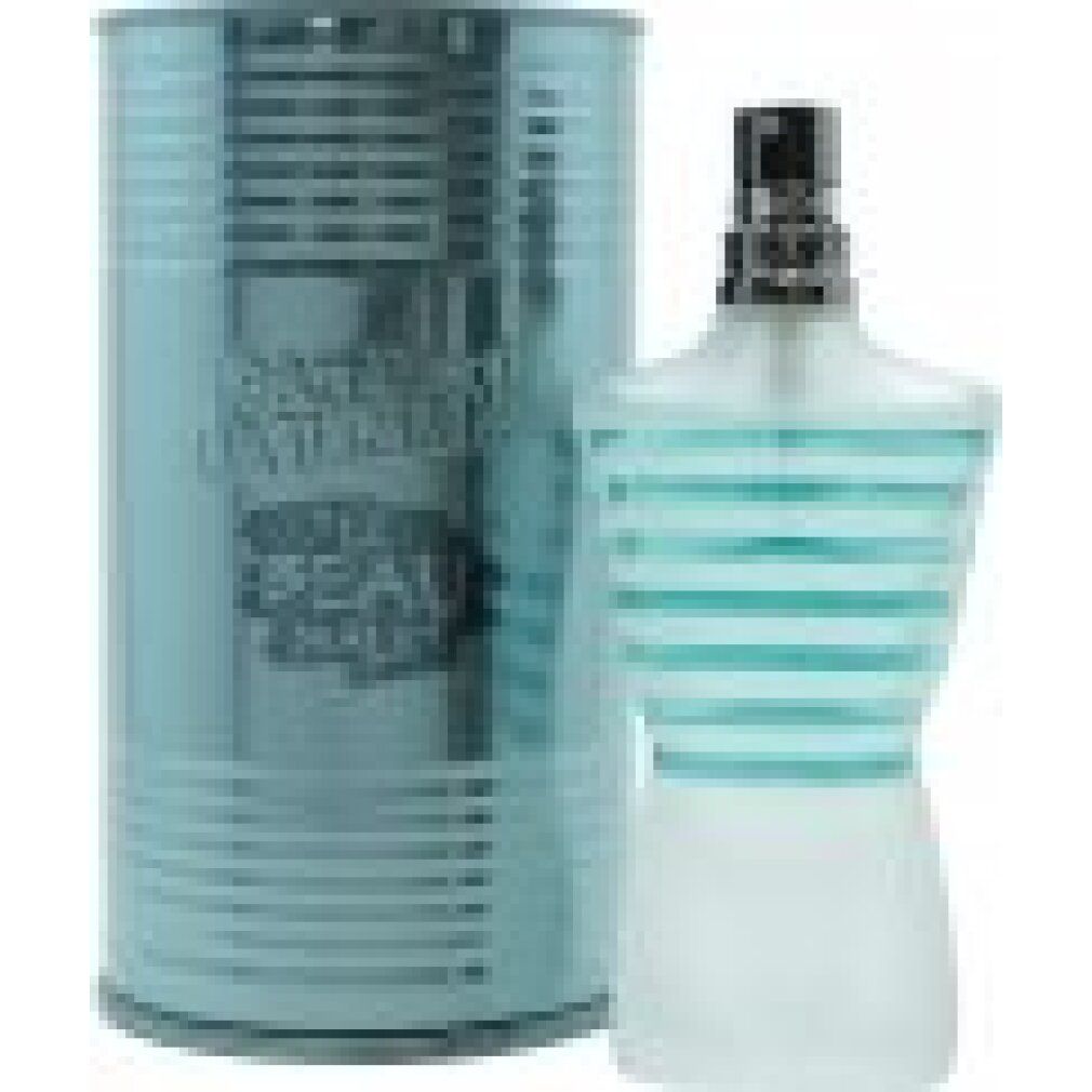 Hellblaue, geriffelte Dose neben einer Flasche in Männerkörperform. Flasche mit blau-weiß gestreiften Details und Zerstäuber.