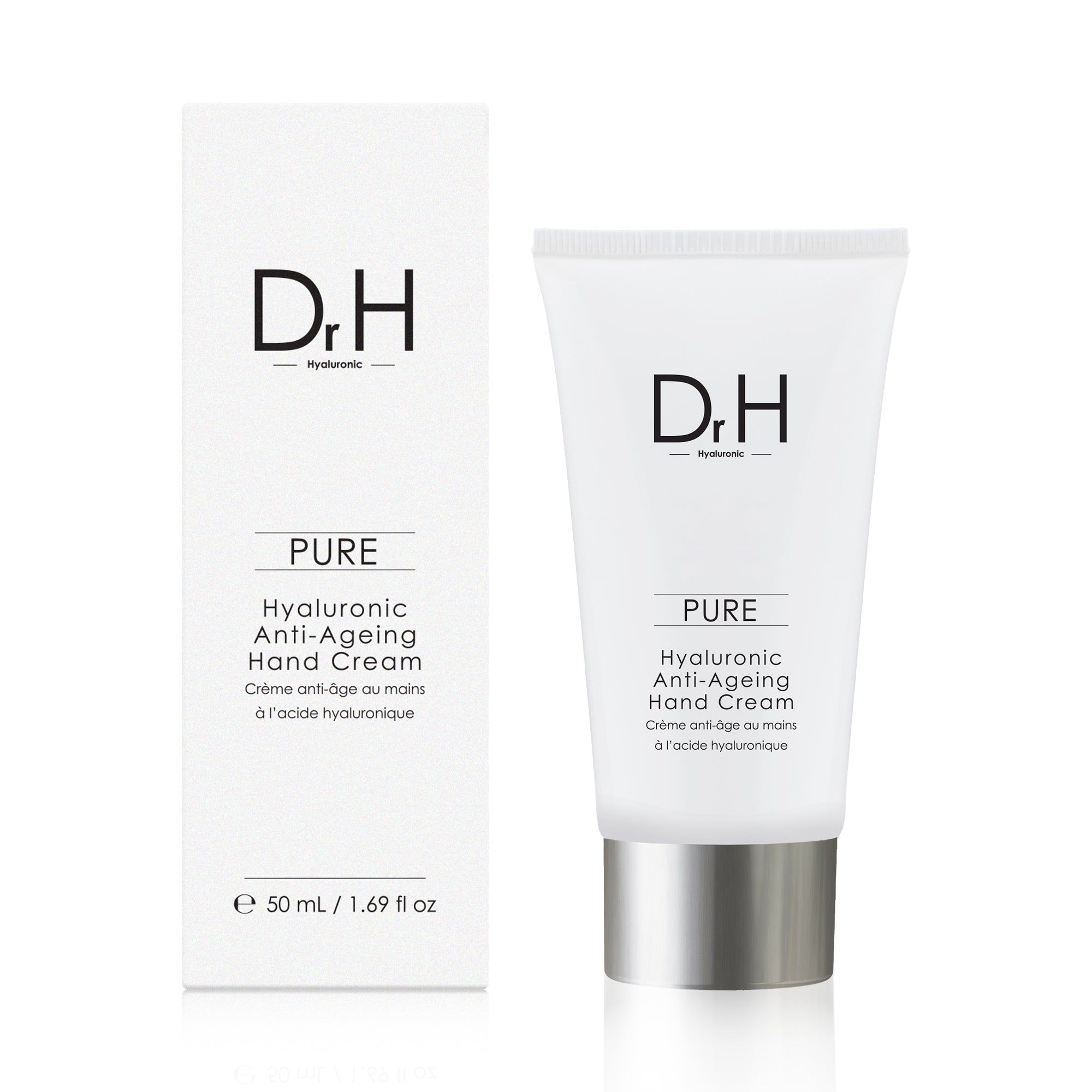 Produktverpackung mit Tube und Schachtel. Aufschrift: Dr. H, Pure, Hyaluronsäure Anti-Aging Handcreme. 50 ml.