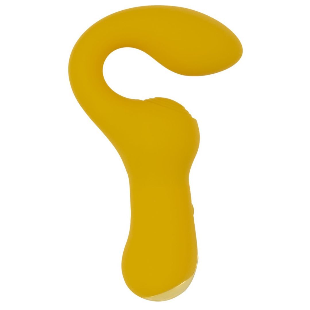 Gelber Vibrator mit geschwungener Form. Ein Ende ist abgerundet, das andere hat eine längliche Form. Goldfarbener Akzent am Ende.