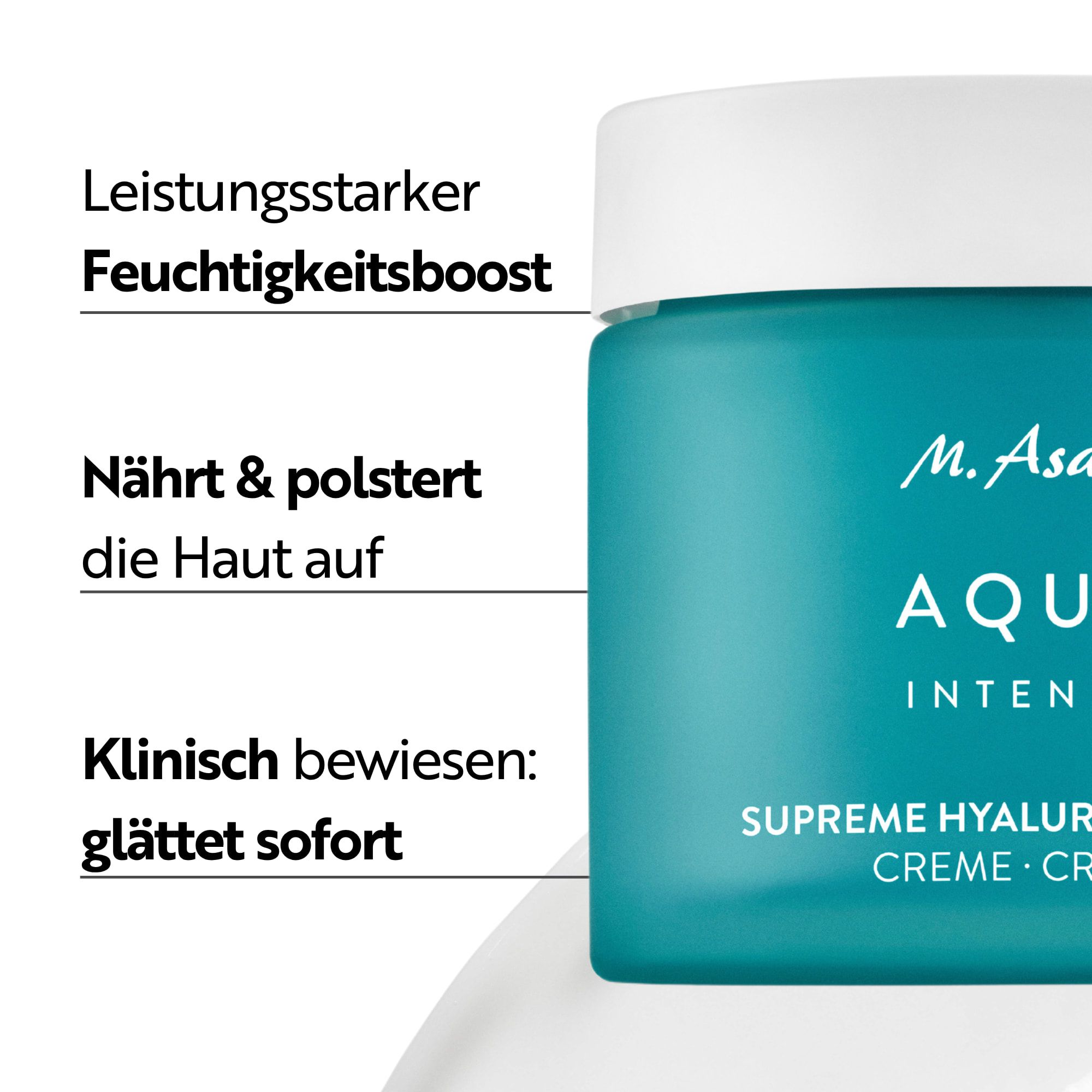 M. Asam Supreme Hyaluron Gesichtscreme AQUA INTENSE in einem türkisfarbenen Tiegel.