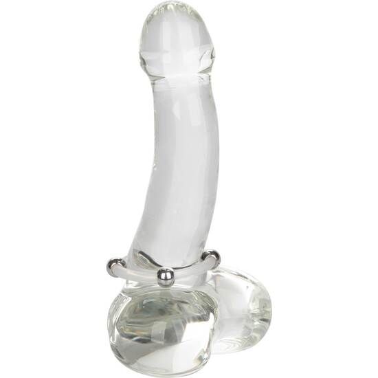 Glas-Dildo mit Metallkugeln am Schaft. Transparente Form.