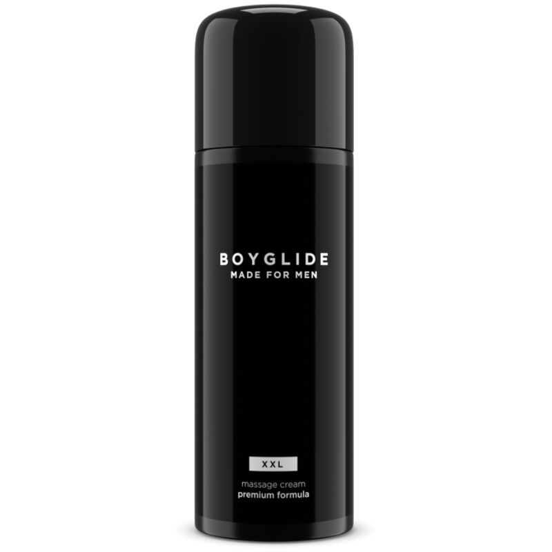 Schwarze Flasche mit BOYGLIDE-Logo und Aufschrift "XXL". "Made for Men" und "massage cream premium formula" sind ebenfalls sichtbar.