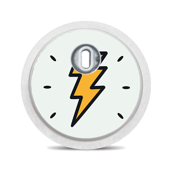 Runder Aufkleber mit Blitz auf hellgrünem Hintergrund. Oben ein silberfarbener Sensor.