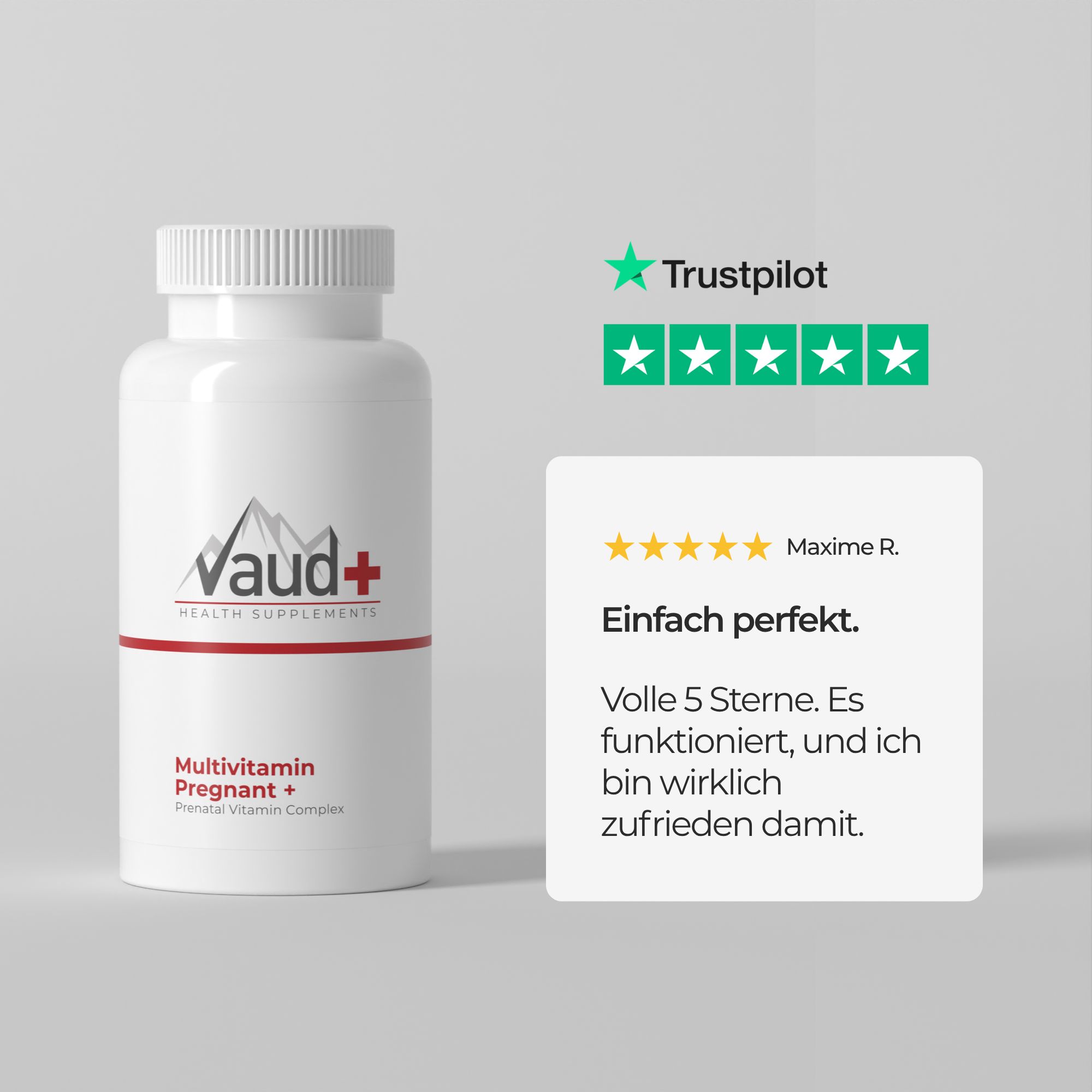 Weiße Flasche mit Text und Trustpilot-Bewertung. Text: Einfach perfekt. Volle 5 Sterne.