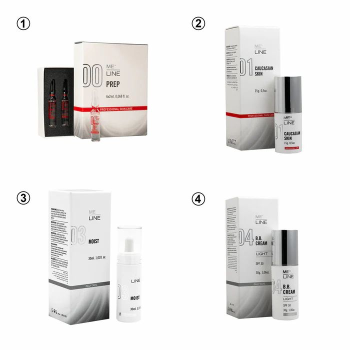 Produktverpackung mit Ampullen und Flasche. Aufschrift: ME LINE PREP. Weiße Schachtel mit roter Linie. Ampullen in dunkler Schachtel.