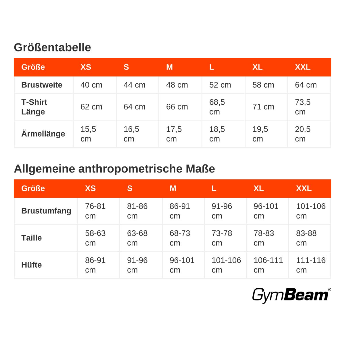 Größentabelle für T-Shirts und allgemeine Maße mit Größen XS bis XXL. Enthält Brustweite, T-Shirt-Länge, Ärmellänge, Brustumfang, Taille und Hüfte.