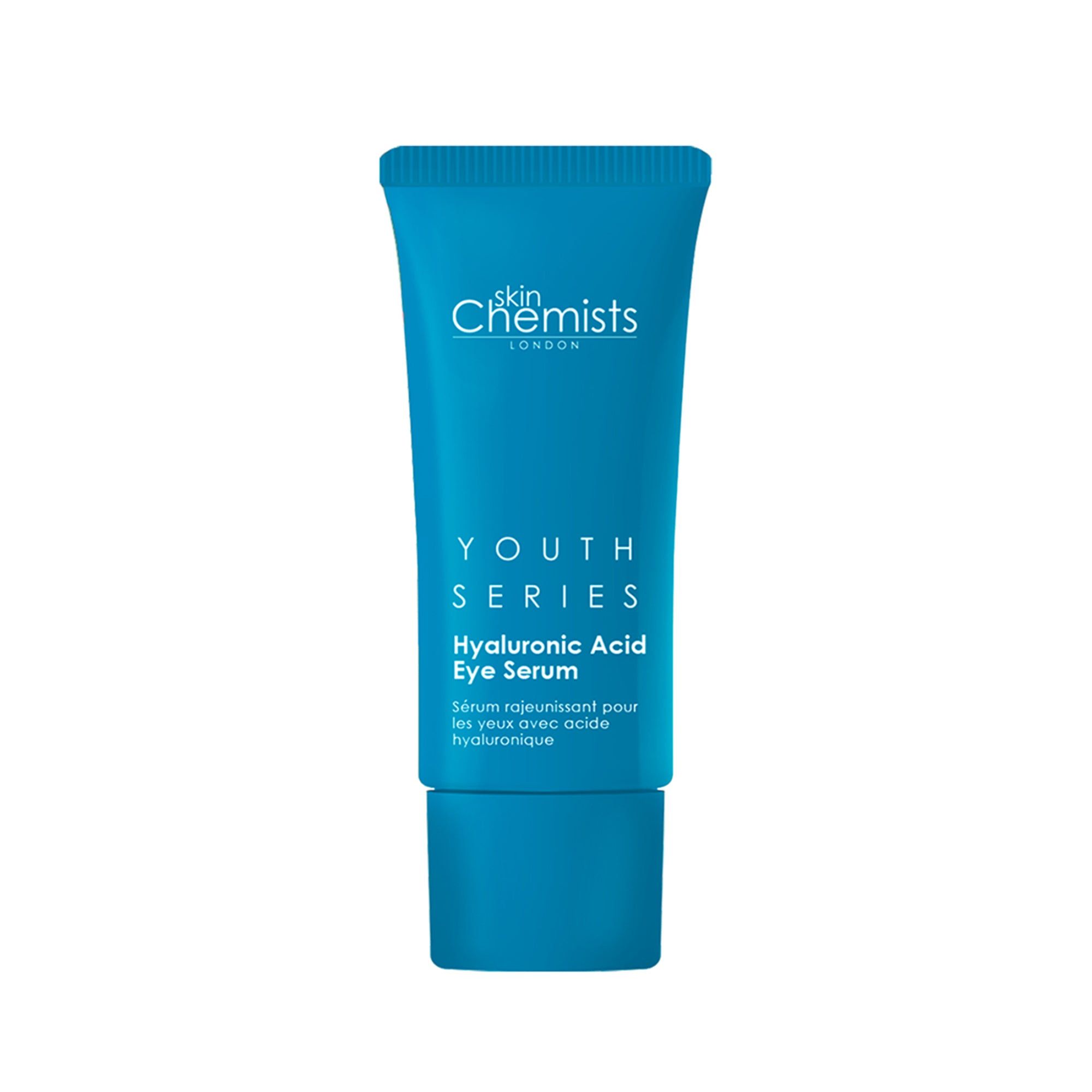 Blaues Tube mit "skinChemists" und "Youth Series Hyaluronic Acid Eye Serum" Aufschrift.