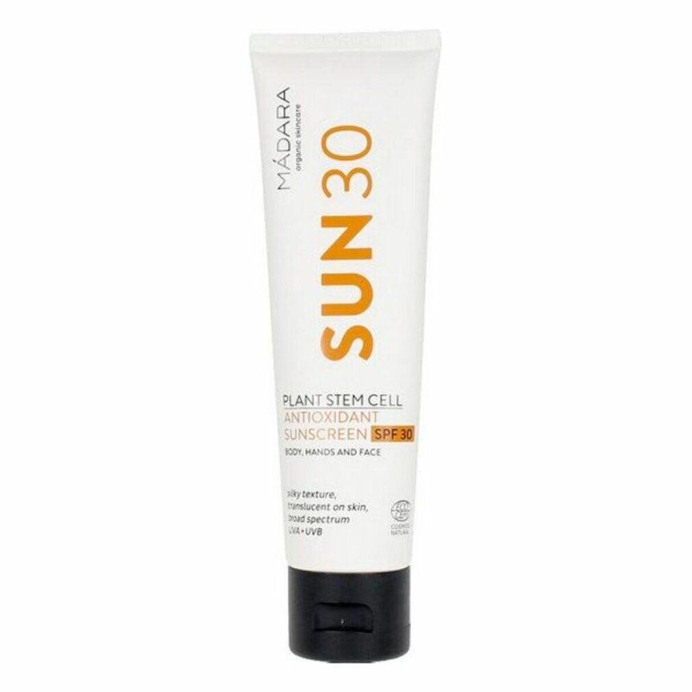 Weiße Tube mit schwarzem Deckel. Aufschrift SUN 30. Text: Antioxidant Sunscreen SPF 30. Zertifizierung.