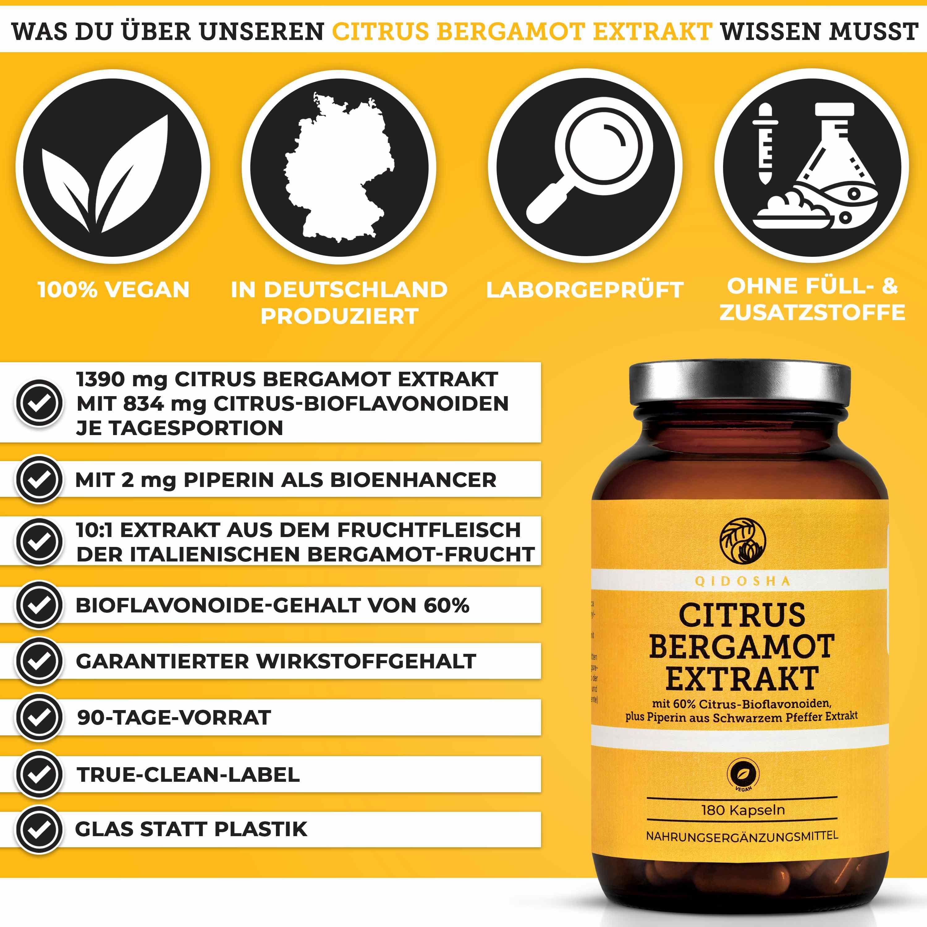 Gelber Hintergrund mit Logos und Text. Flasche QIDOSHA Citrus Bergamot Extrakt. Text: 100% vegan, in Deutschland produziert, laborgeprüft.