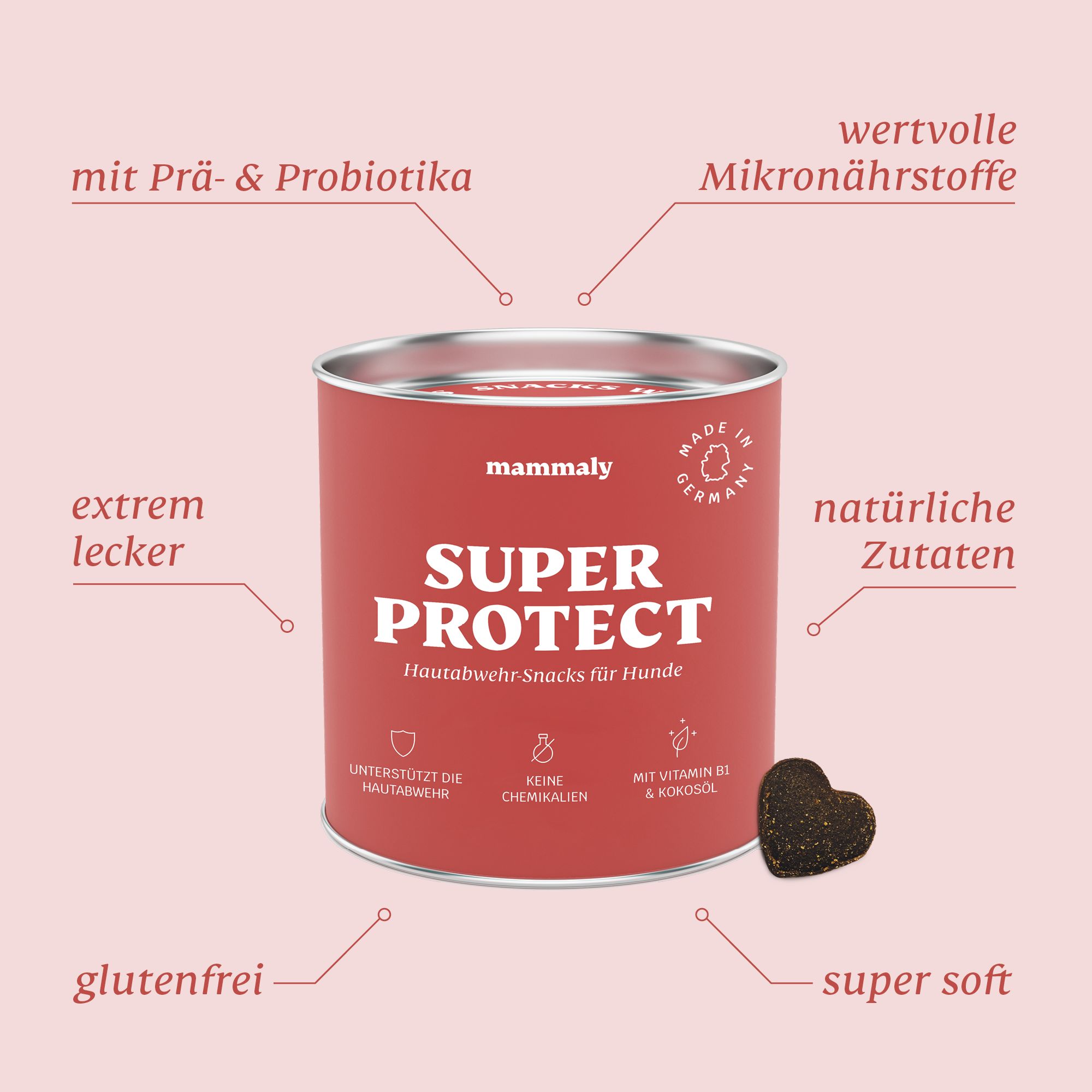 Rote Dose mit Text SUPER PROTECT. Grafiken und Text: glutenfrei, natürliche Zutaten, unterstützt die Hautabwehr.