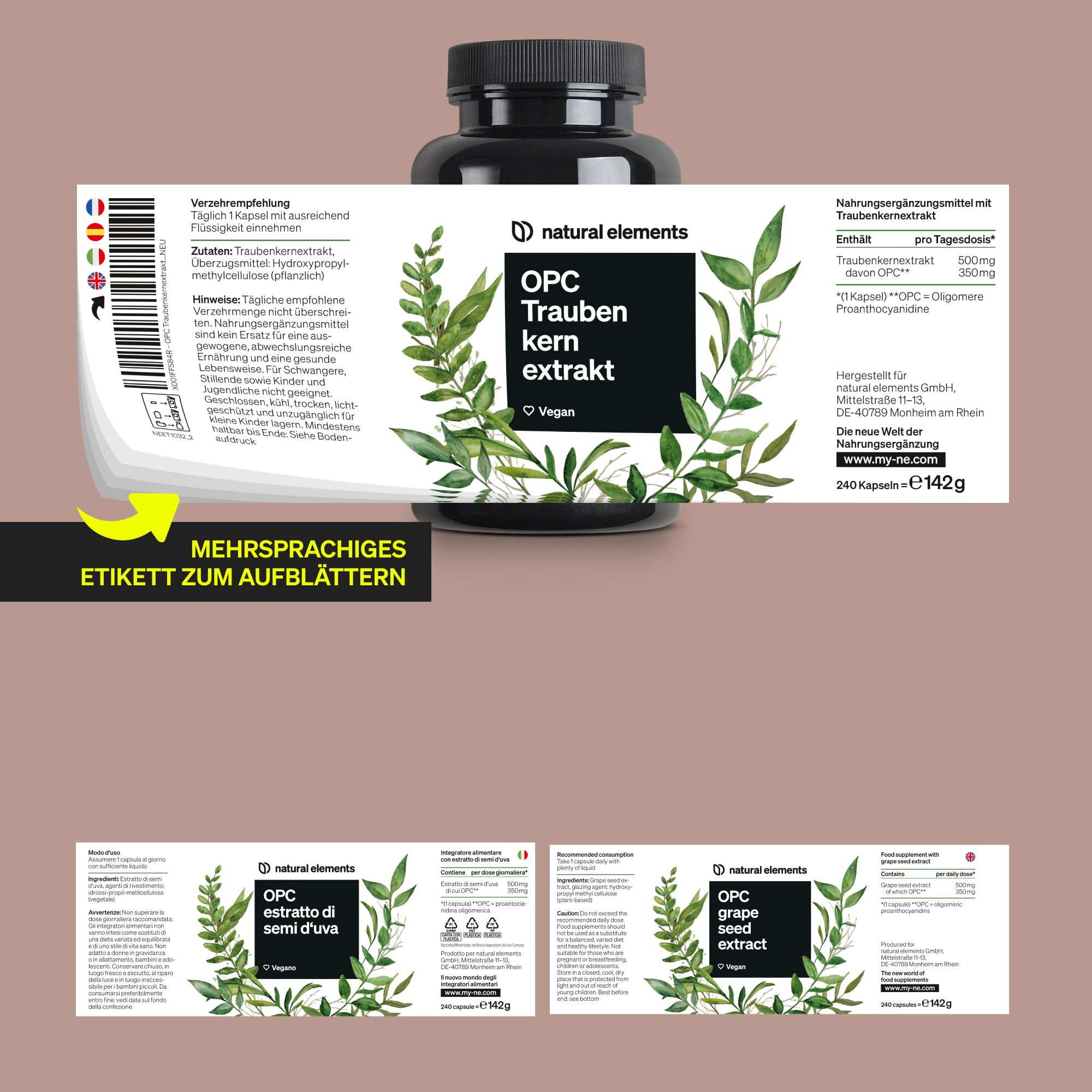 Produktflasche mit mehrsprachigem Etikett. Aufschrift: OPC Traubenkernextrakt. Mehrere Etikettenvarianten.