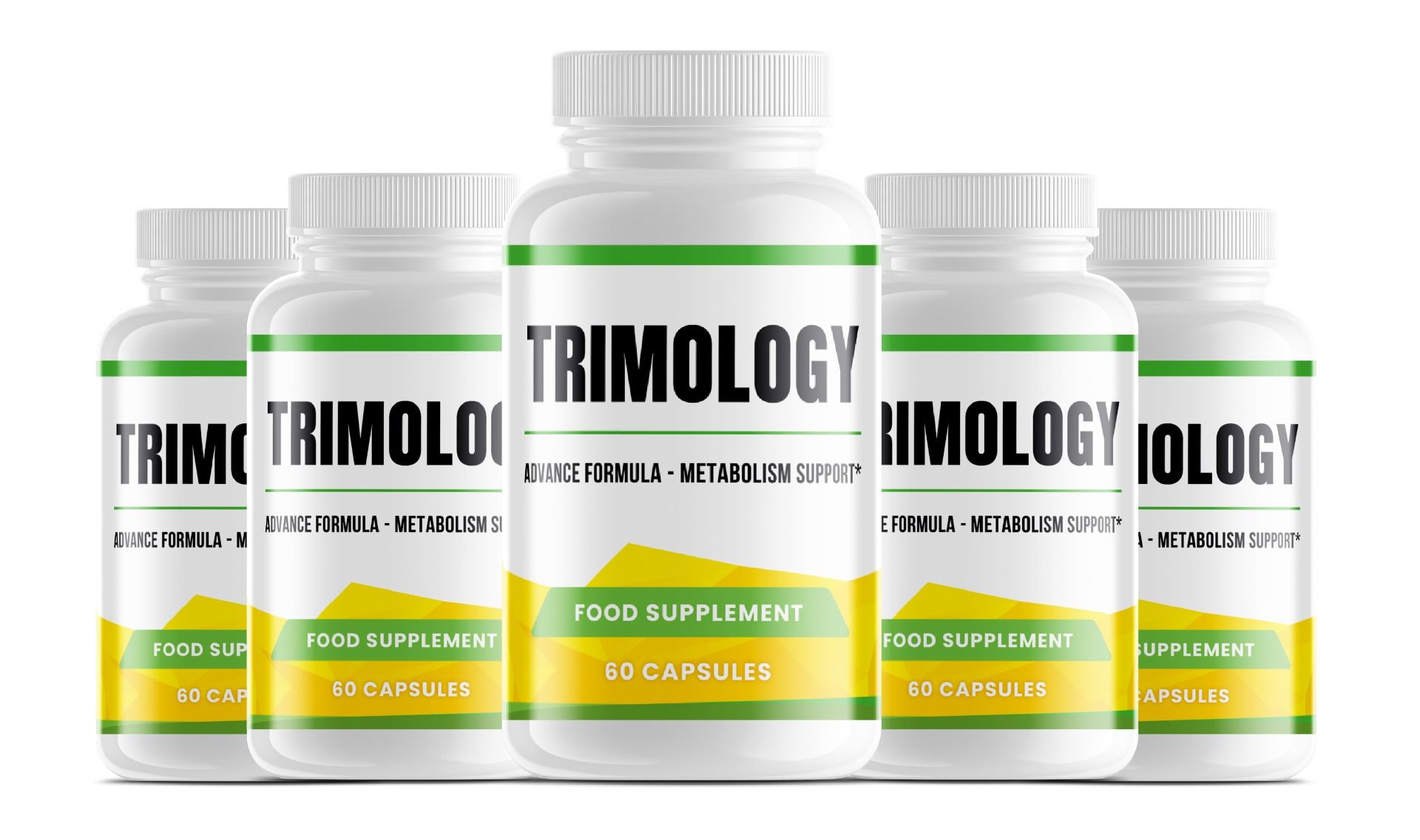 Fünf weiße Trimology-Flaschen, jeweils mit 60 Kapseln. Etiketten mit grünen und gelben Akzenten.