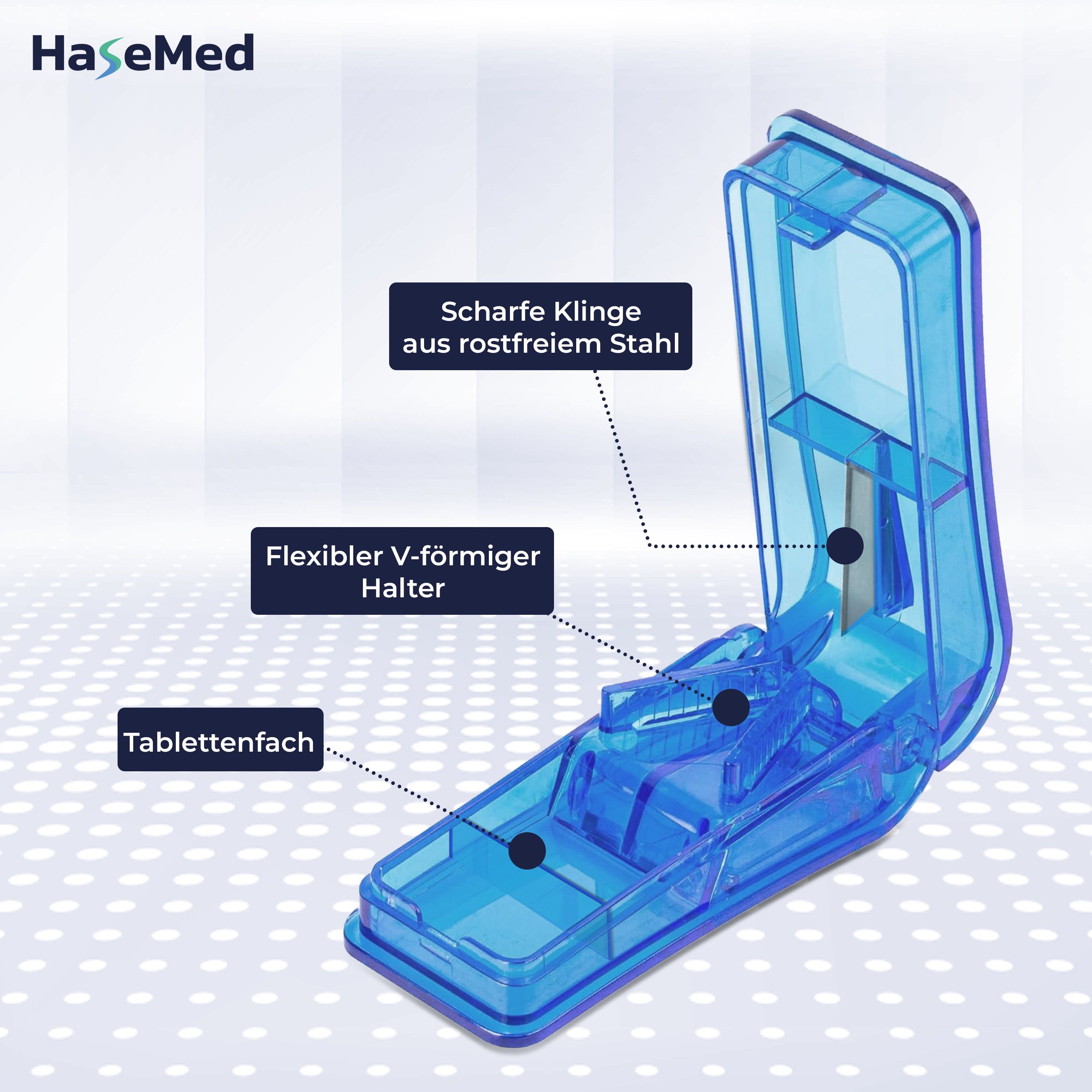 Blauer Tablettenteiler mit Klinge und Tablettenfach. Beschriftung: HaseMed, scharfe Klinge, flexibler Halter, Tablettenfach.