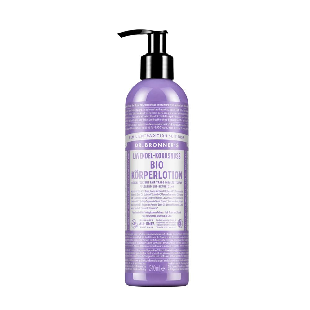 Lila Körperlotion-Flasche mit schwarzem Pumpkopf. Beschriftung: Lavendel-Kokosnuss Bio Körperlotion. Marke: Dr. Bronner's.