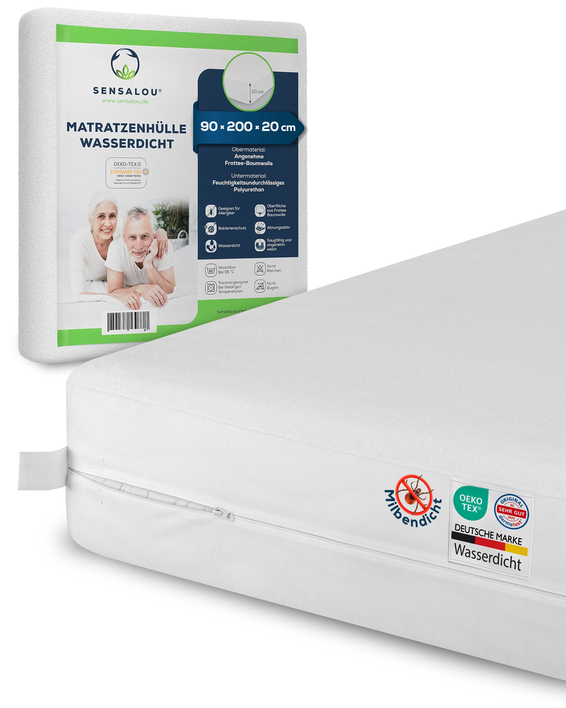 Weiße Matratzenhülle mit Reißverschluss. Verpackung mit Produktinformationen. Oeko-Tex-Zertifizierung.
