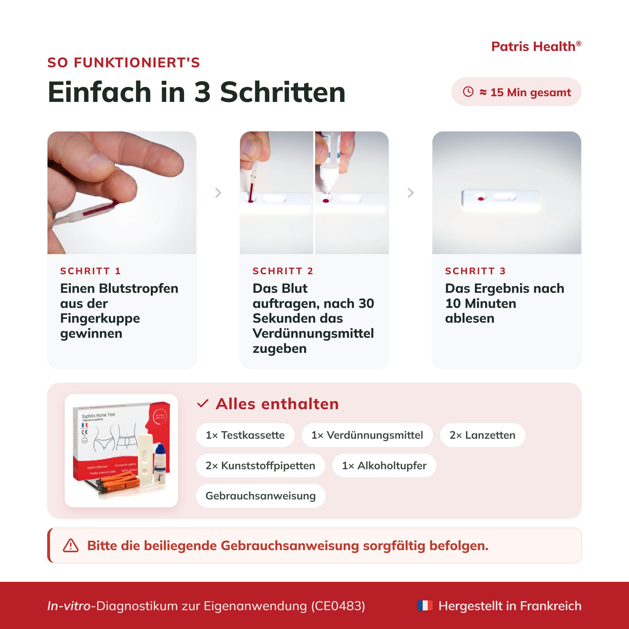 So funktioniert der Syphilis Selbsttest: Blutstropfen gewinnen, verdünnen, Ergebnis ablesen.
