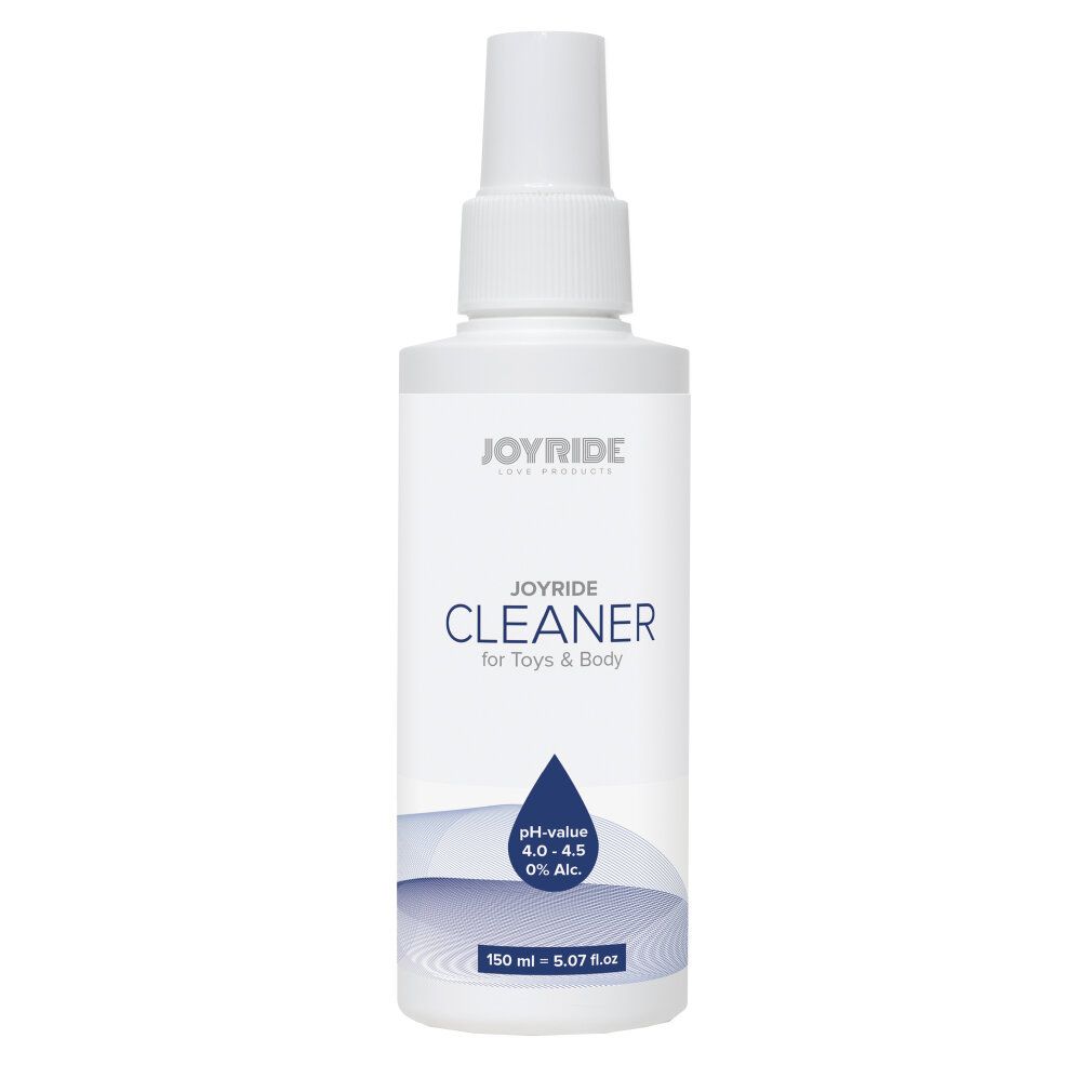 Weiße Sprühflasche mit JOYRIDE CLEANER-Etikett. Enthält pH-Wert-Informationen und Volumenangabe.