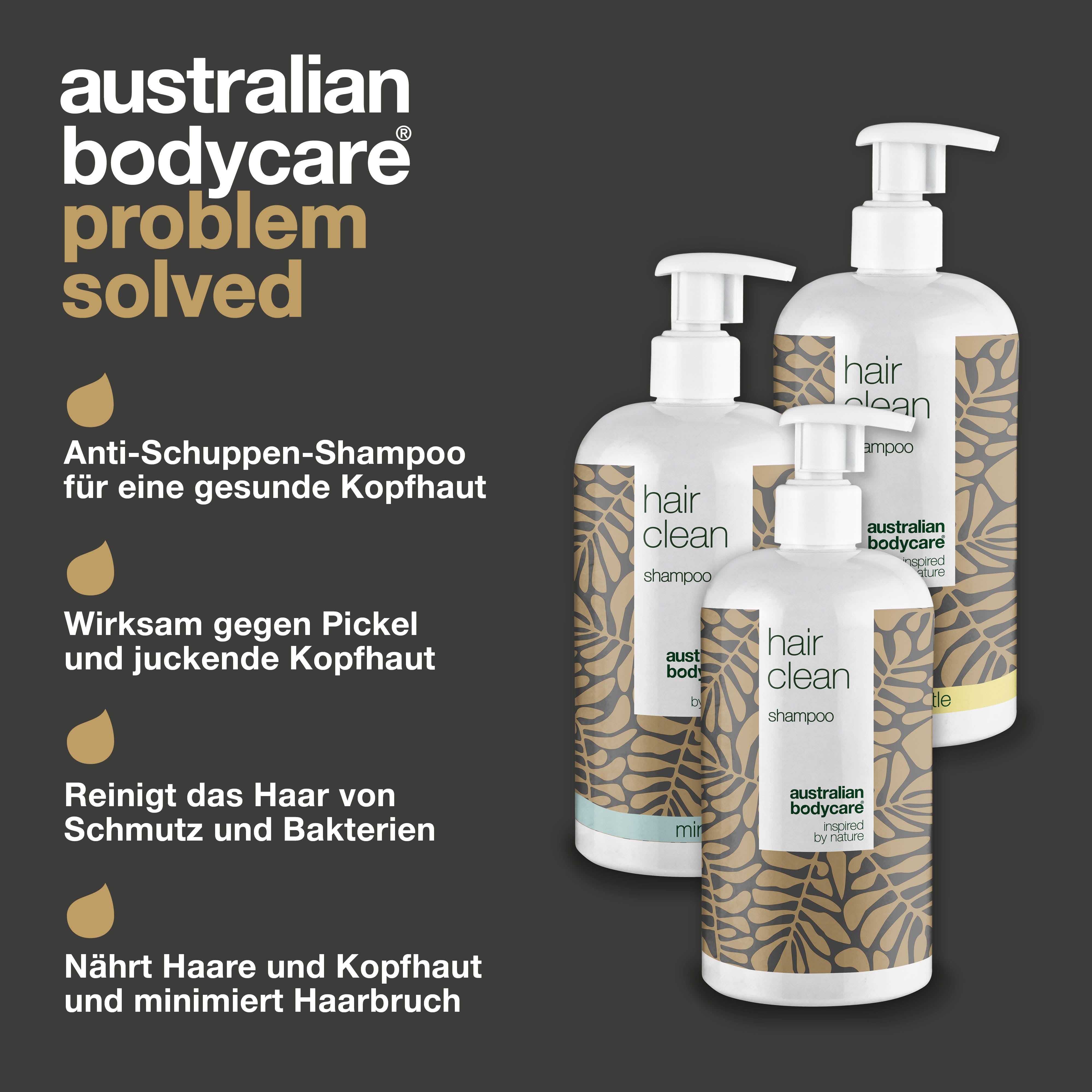 Text: Australian Bodycare, Problem gelöst. Anti-Schuppen-Shampoo. Wirksam gegen Pickel und juckende Kopfhaut.