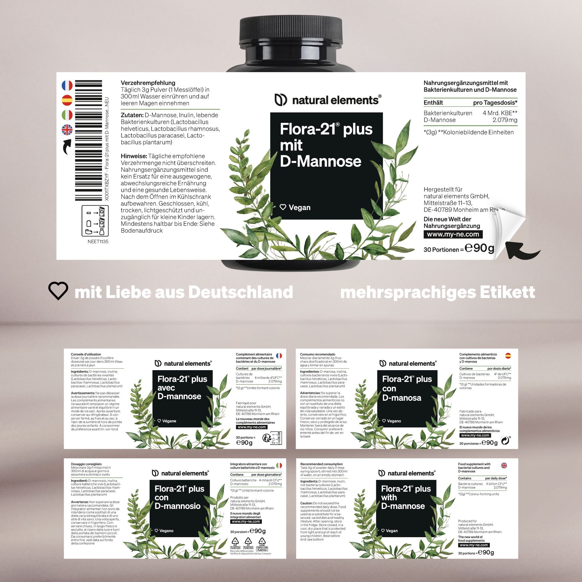 natural elements Flora-21® Plus mit D-Mannose – 4 Laktobakterien-Stämme – 4 Mrd. KBE – Dosierlöffel