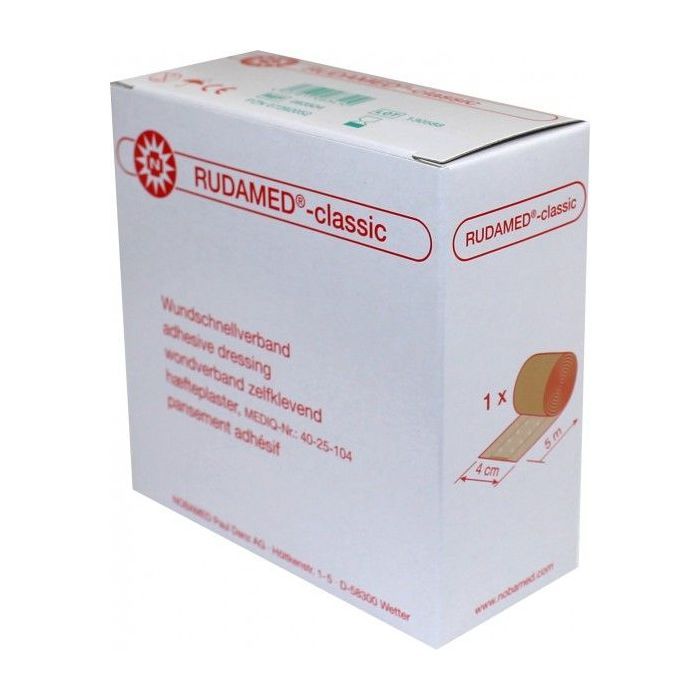 Verpackung von Rudamed-classic Wundpflaster. Aufschrift: Wundschnellverband, 4 cm x 5 m. Produktabbildung.