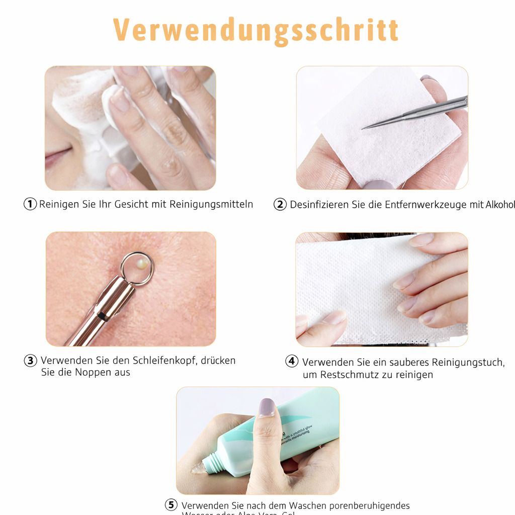 Mitesserentferner Set 7in1 Komedonenquetscher Edelstahl, Porenreiniger mit mit Etui